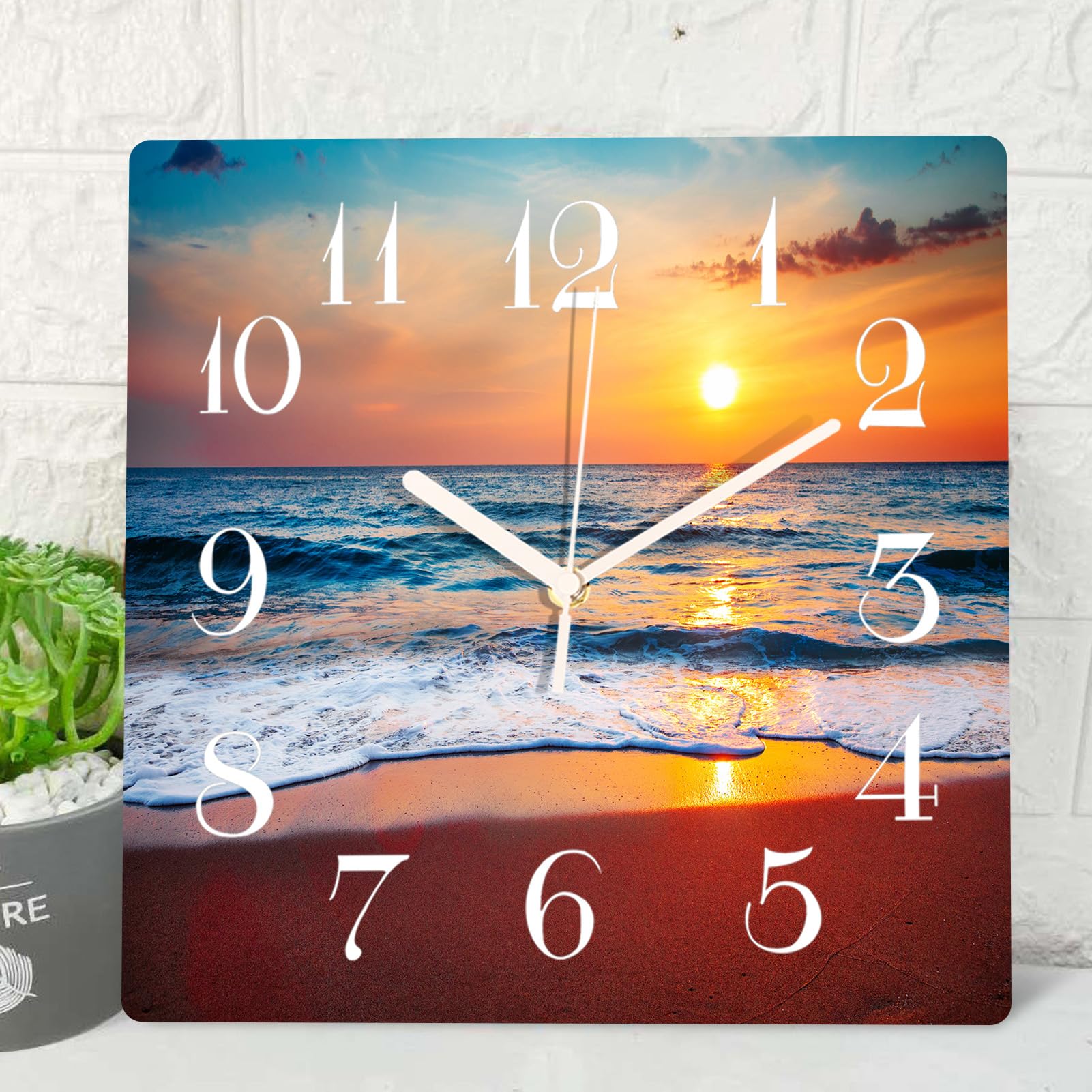ArtSocket Tropical Sunset Sea Wooden Wall Clock Silent Non-Ticking, Golden Summer Beach Square Rustic Wall Clocks Decor for Home Kitchen Living Room Office, Battery Operated(12 Inch)