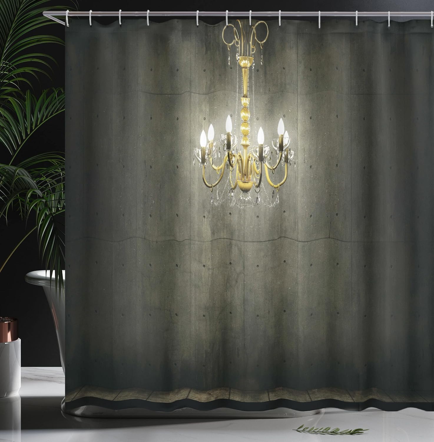 Ambesonne Grunge Shower Curtain, Classic Chandelier in a Dark Gothic Wooden Room Vintage Style Room Picture, Cloth Fabric Bathroom Decor Set with Hooks, 69" W x 70" L, Grey and Yellow