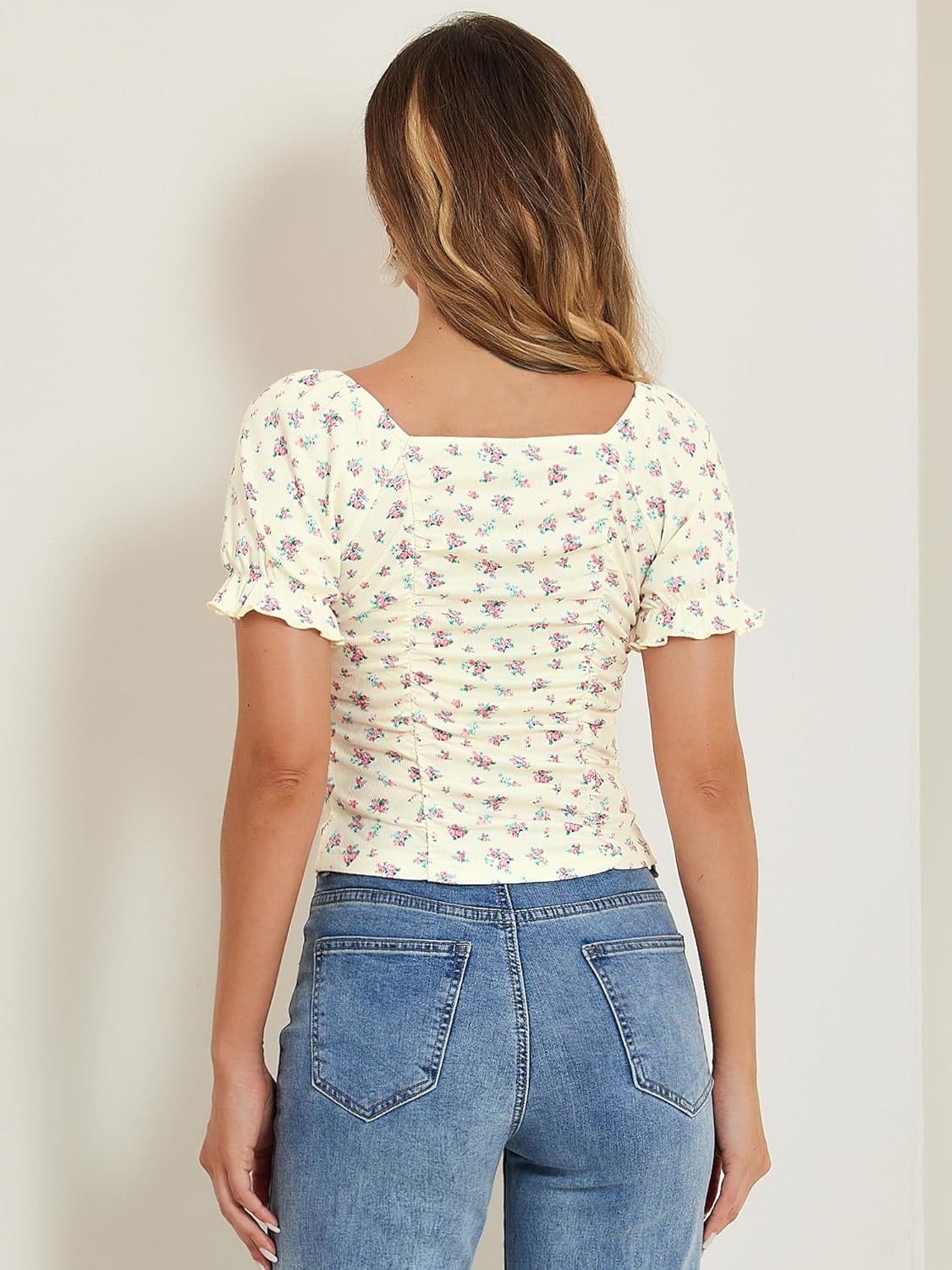 Allegra K Smocked Crop Top for Women's Slim Fit Floral Peasant Blouse - Image 2