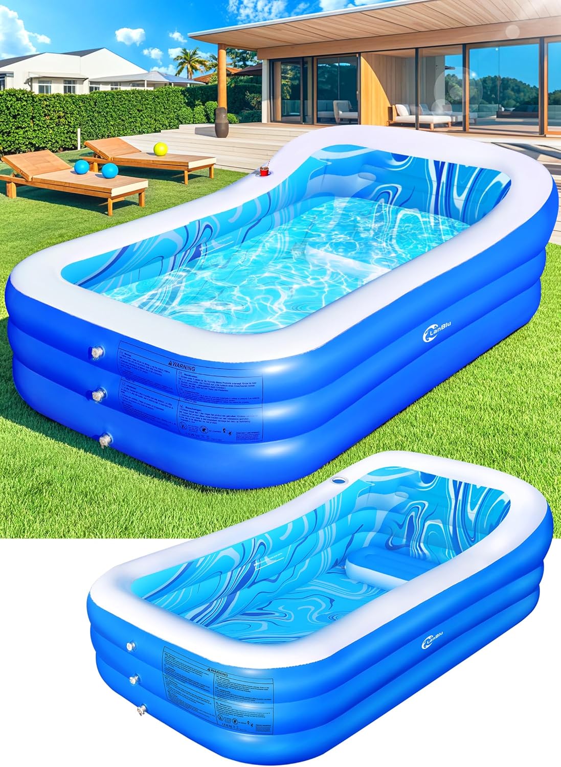 Inflatable Pool with Big Backrest and Seat,Oversized Thickened Large BlowUpPool for Adults,Inflatable Backyard Pools for Adult,Durable Swimming Pools Summer Water Party98 x63 x21.6(LightBlue)