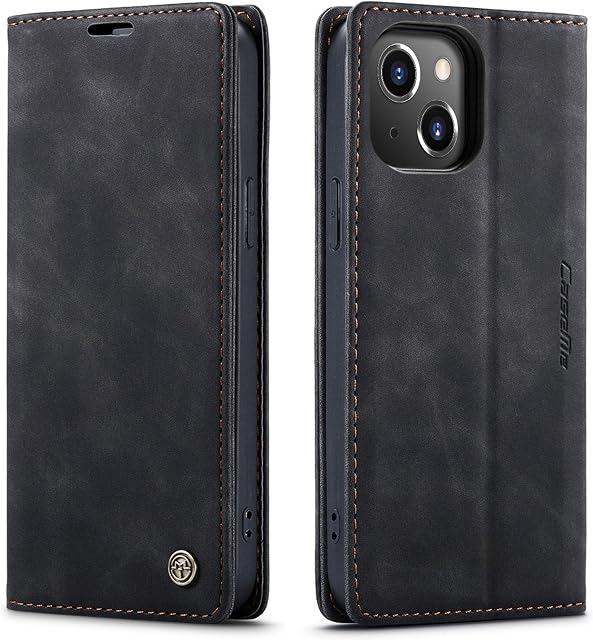 ZOETEC Wallet Case for iPhone 14 Plus Genuine Leather Flip Magnetic Case With Card Slots/TPU Shell, Anti-Slip & Shockproof (Black)