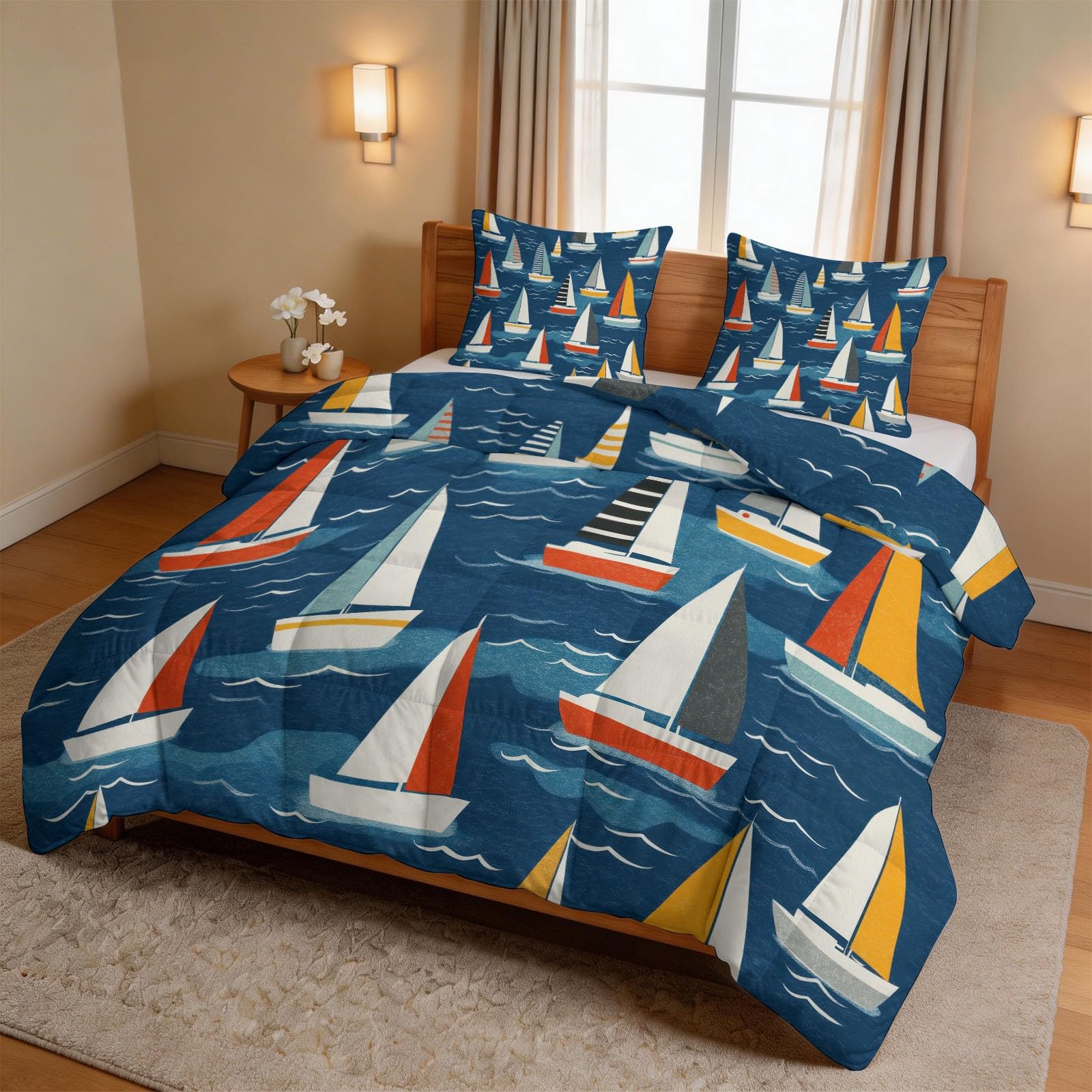 Generisch Kołdra 260 x 220 cm, na 4 pory roku, styl retro, żeglarski, dwustronna, dla alergików, lekka, miękka, pikowana, bez poszewki, żaglówka, fale – kołdra do spania z 2 poszewkami na poduszki