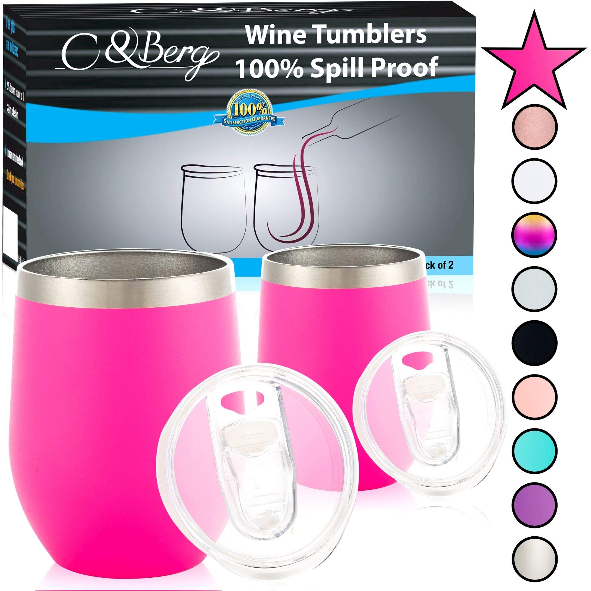12 oz 2 Hot Pink Stainless Steel Wine Tumbler - Double Wall Vacuum Insulated Unbreakable Thermos w/Spill-proof Lid - For Wine Beer Coffee Cocktail - Travel-Friendly Mug