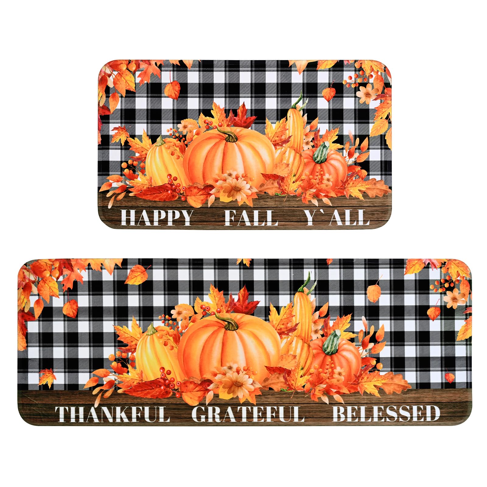 Alishomtll Kitchen Mats for Floor 2 PCS, Fall Checkered Kitchen Mat Anti Fatigue Mats for Kitchen Floor, Cushioned Kitchen Floor Mat Non Slip Standing Desk Mat for Autumn Decor