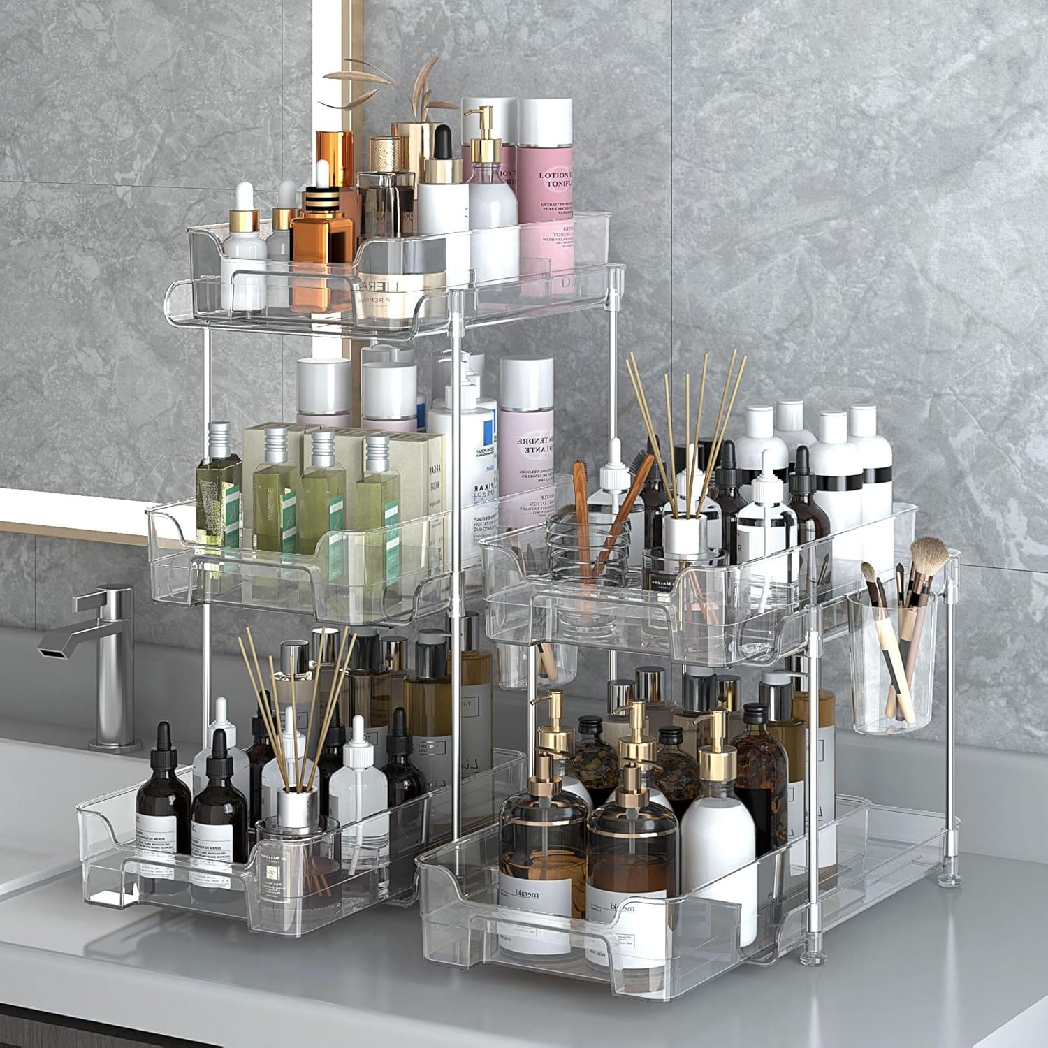 Clear Bathroom Organizer With Dividers Bathroom Storage Organizer With Dividers, Pull Out Counter Organizer, Clear Under Sink Organizers for Kitchen Pantry Cabinet