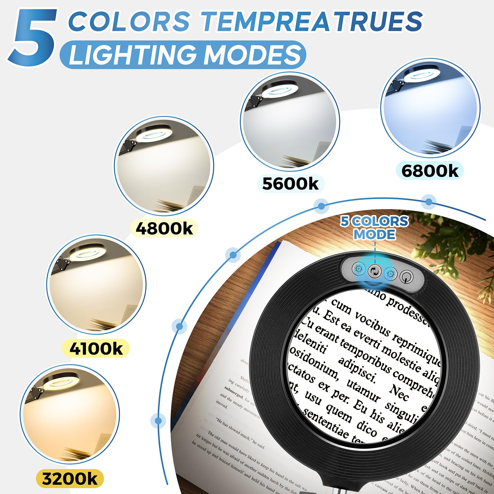 Lupa de 10 aumentos con luz y soporte, lupa portátil con luz, bolsa de terciopelo, 5 modos de color, lámpara LED 2 en 1, lupa para pasatiempos de trabajo cercanos