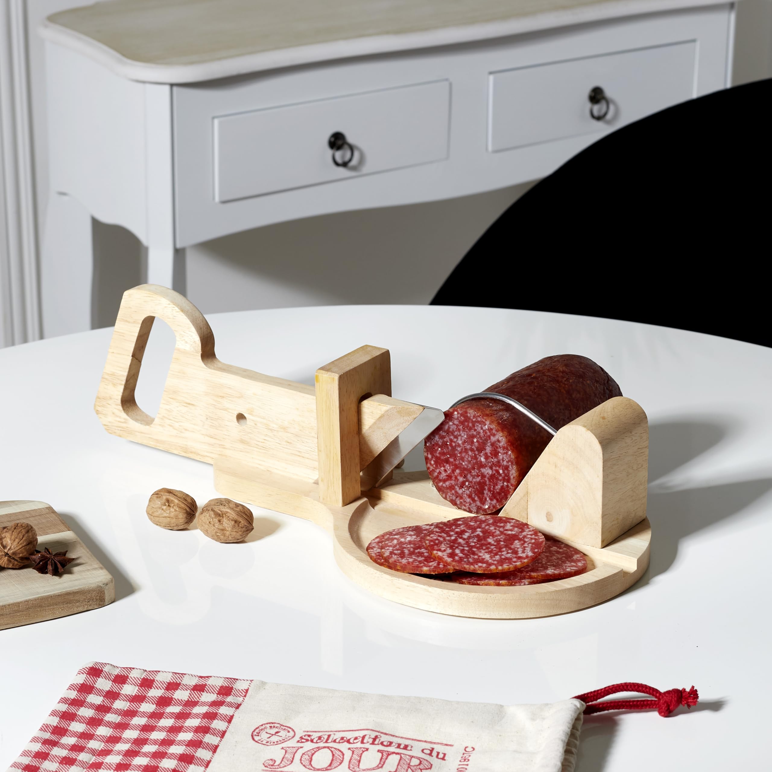 Trancheuse Guillotine Coupe Charcuterie Saucisson Manuelle Ronde Bois Inox Marron