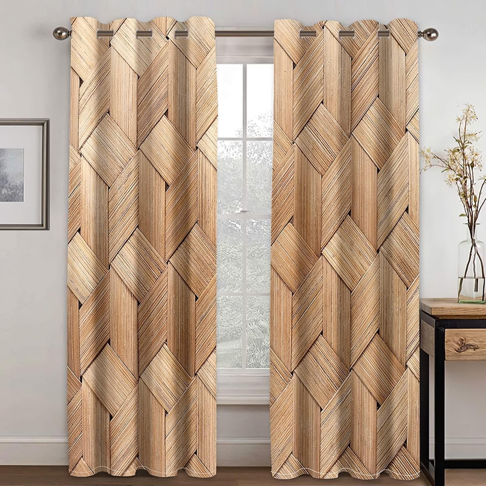 Rideau Fenetre Chambre, Rideau Chambre Brun Polyester Motif de Tissage Décoration 214L x 183H CM Lot de 2