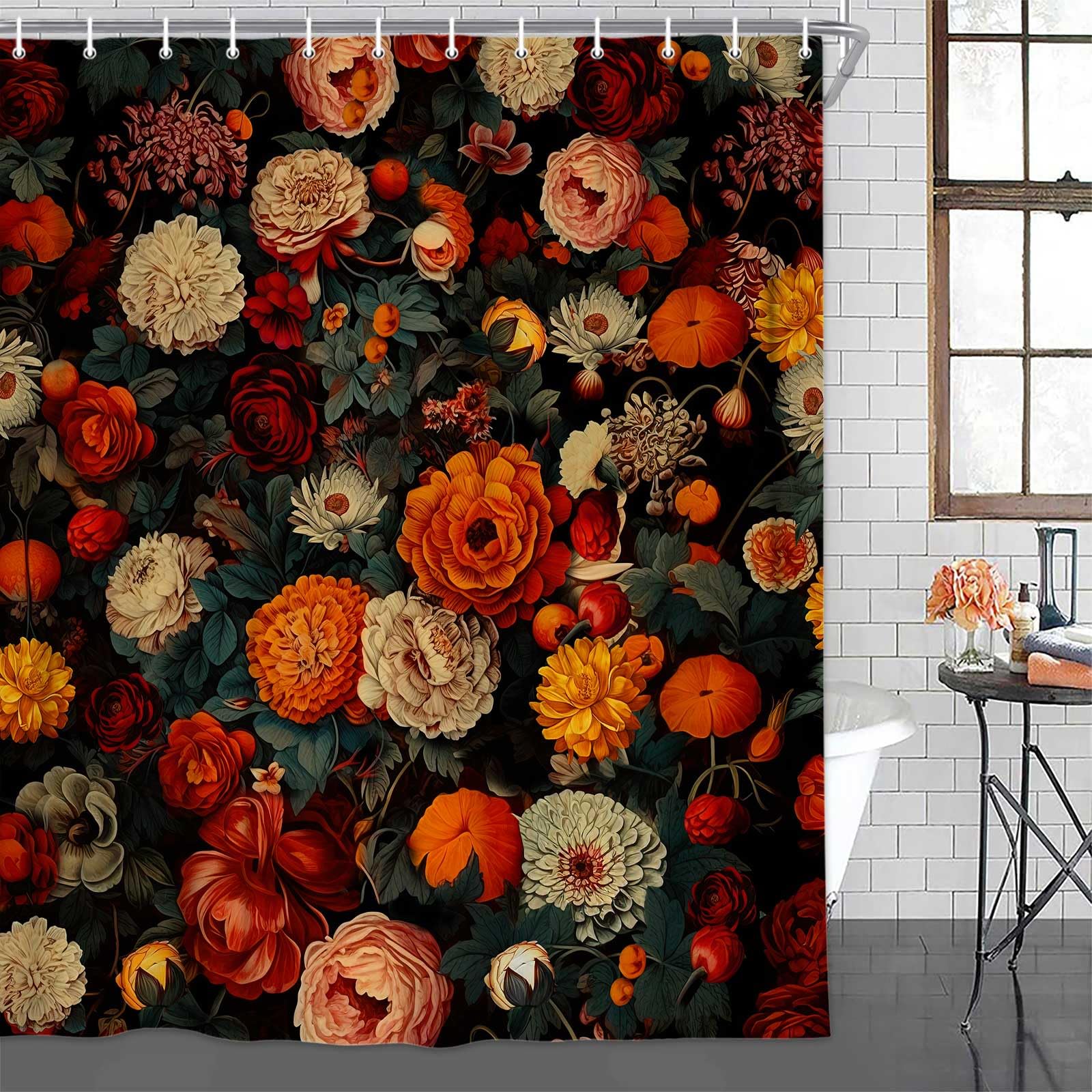 Drgilau Tenda da doccia floreale, set di tende da doccia vintage con fiori rossi e piante da bagno, set di tende da doccia floreali bohémien con ganci per decorazione del bagno, 183 x 213 cm