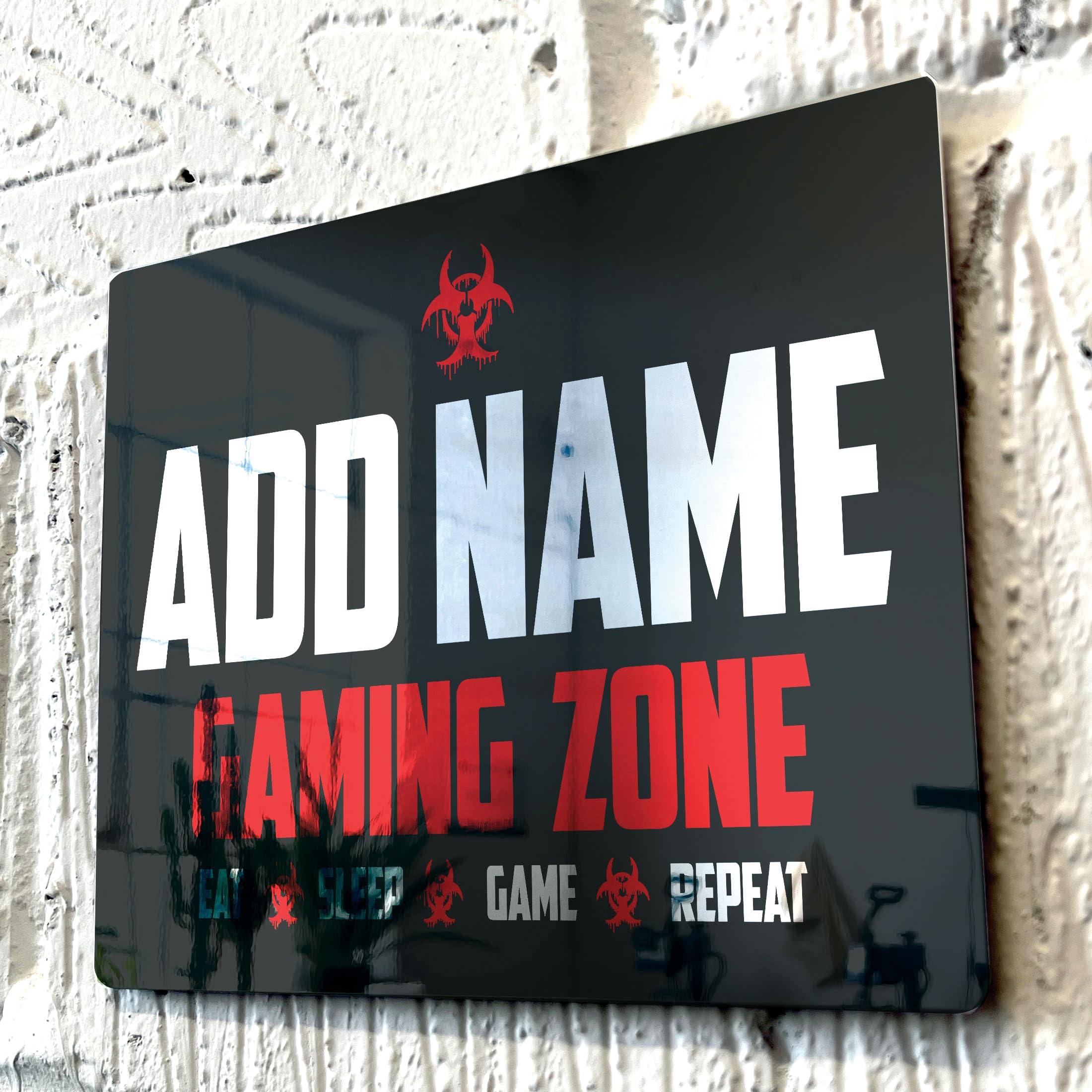 Shopquality4u Gaming Zone Caution D4 Red Personalised Game Metal Mirror Gamer Sign - Customised Printed Wall Art Plaque A3 Gaming Zone Caution Red