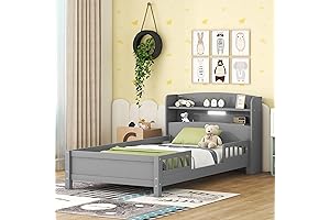 Twin Bed for Kids with Storage, LED Light, and Slat Support