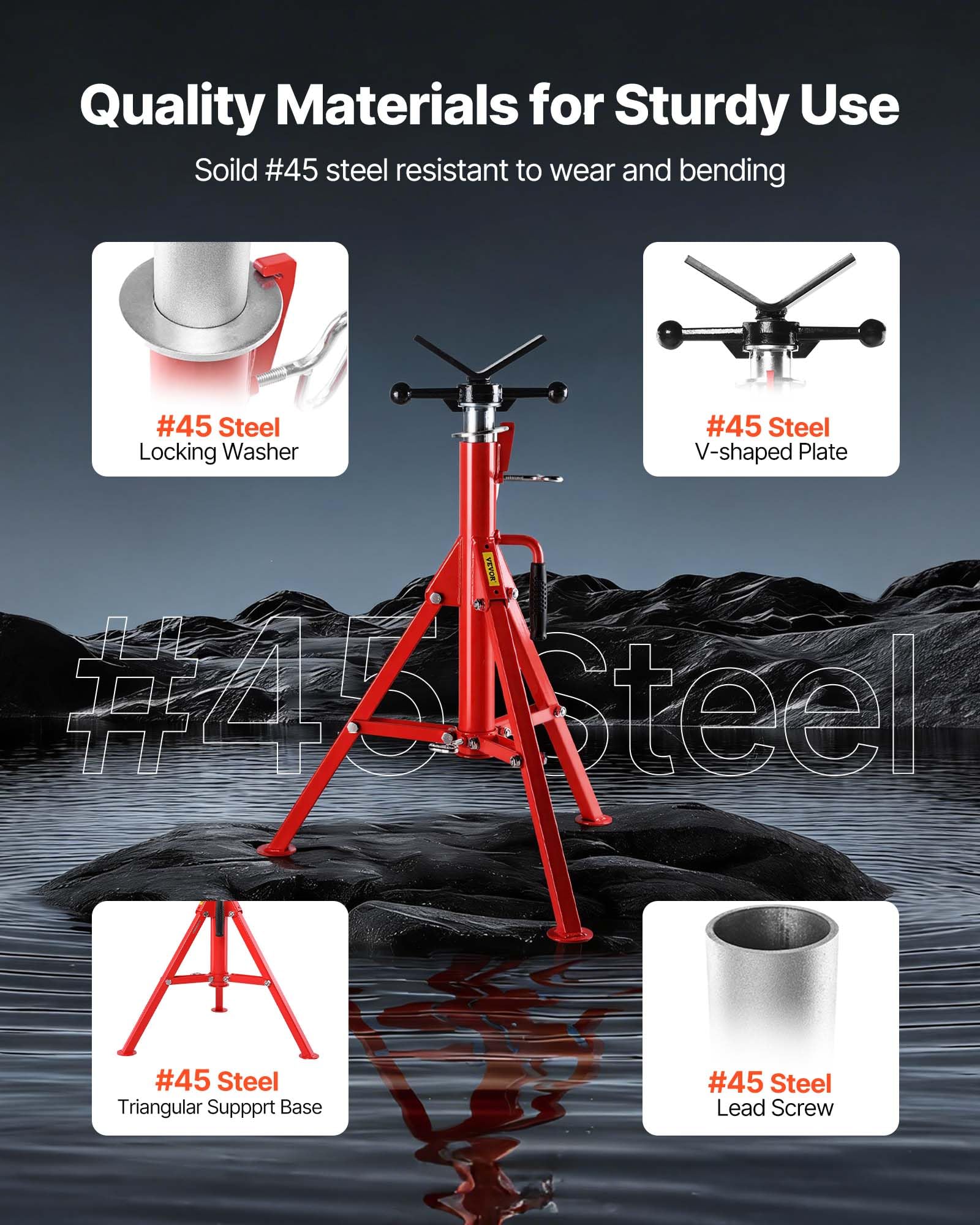 VEVOR Soporte para Tubos con Cabezal en V 1/8"-12" Altura Ajustable 28"-52" Soporte para Tubos Capacidad de Carga de 1134 kg Soportes de Tubo Plegable Portátil Carcasa de Acero al Carbono