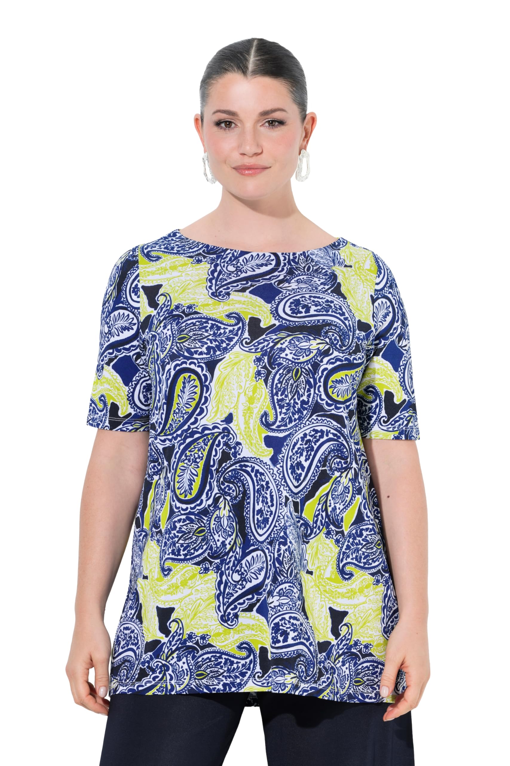 Ulla Popken Damen große Größen Übergrößen Plus Size Slinky-Shirt, Paisley, A-Linie, U-Boot-Ausschnitt, Halbarm 847247