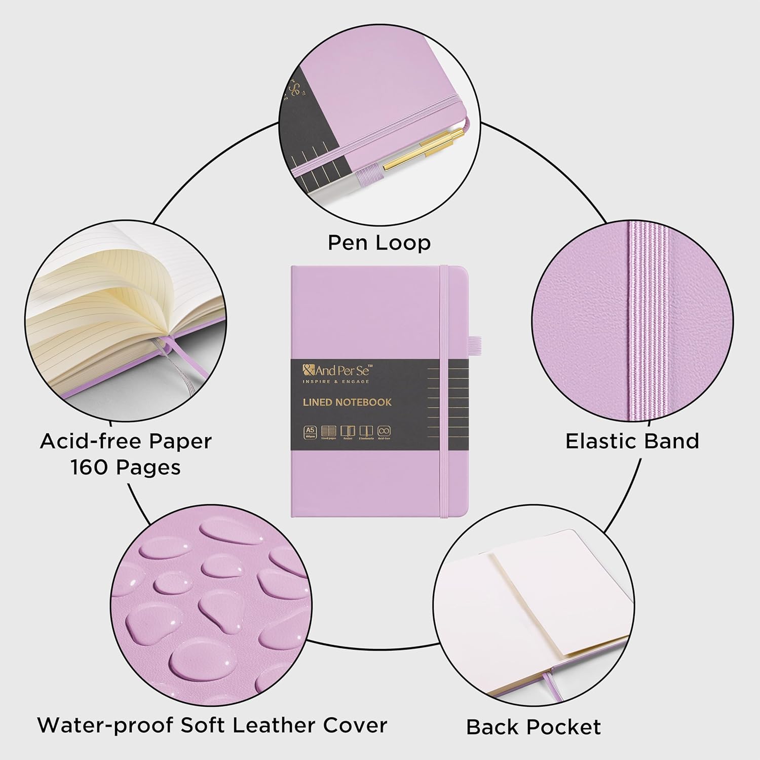 &And Per Se Lined Journal and Pen Set (3 Packs), A5 Leather Hardcover Notebook with Pen & Stationary Set, 160 Pages 100GSM Thick Ruled Paper Journal for Business Work Writing (Purple)