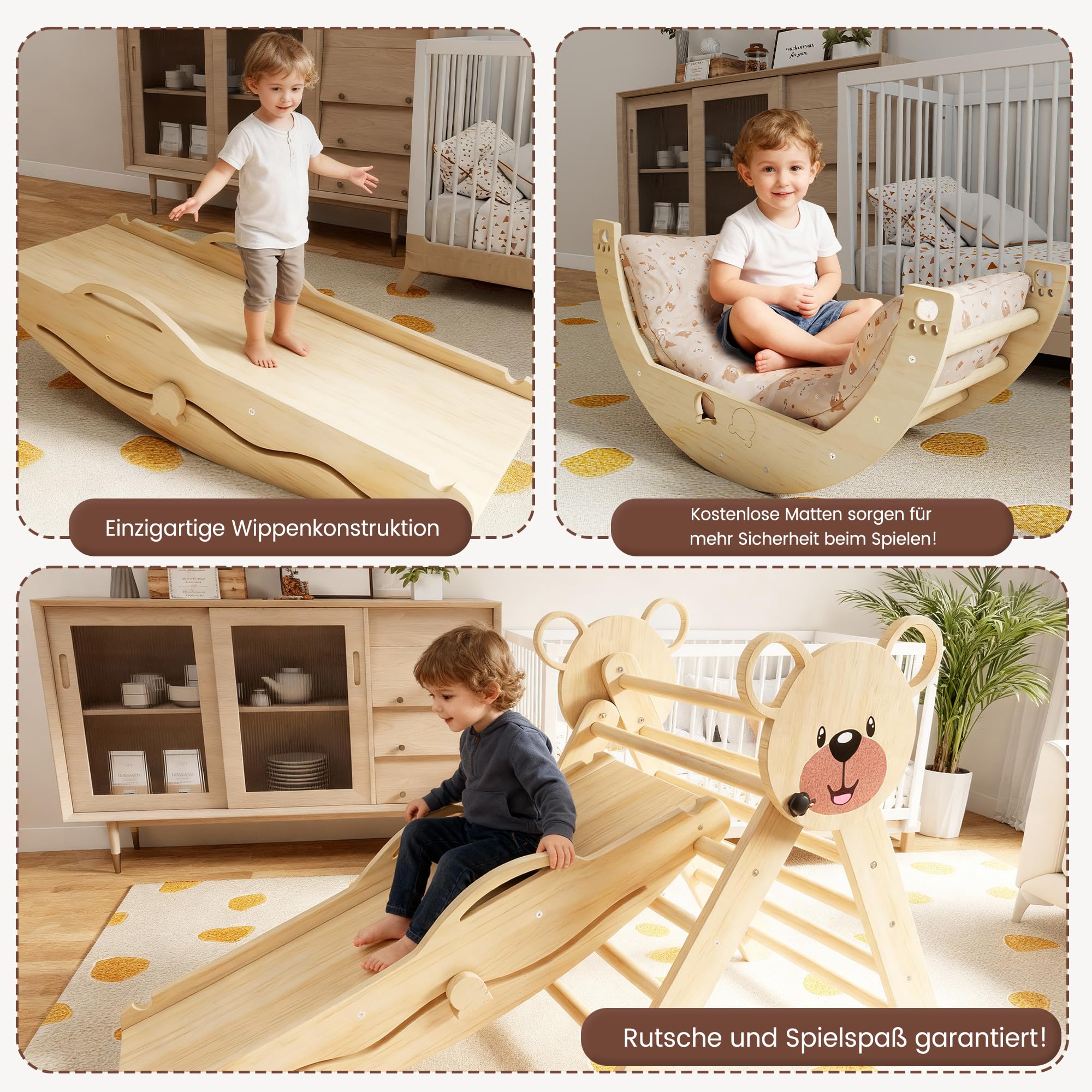 Klettergerüst Indoor,Holz Montessori Kletterdreieck mit Rutsche, Bogen，Leiter&Spielmatte ，für Kinder ab 1 Jahr(Naturholz)