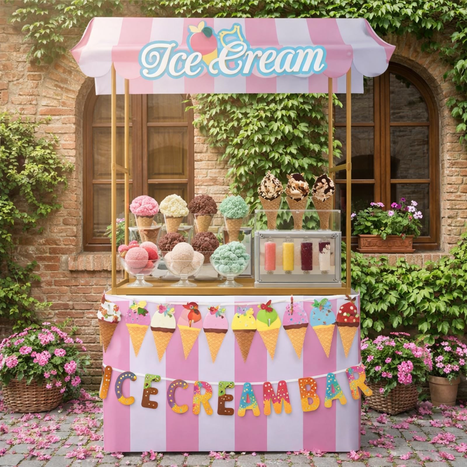 Photo 1 of Tioncy 6 Pcs Ice Cream Bar Stand Kits Ice Cream Sundae Bar Supplies Party Decor (Without Table) Include Shelf Banner Roof Pennant Table Skirt for Photo Props Outdoor Party Decor (Desk Is Not Included)