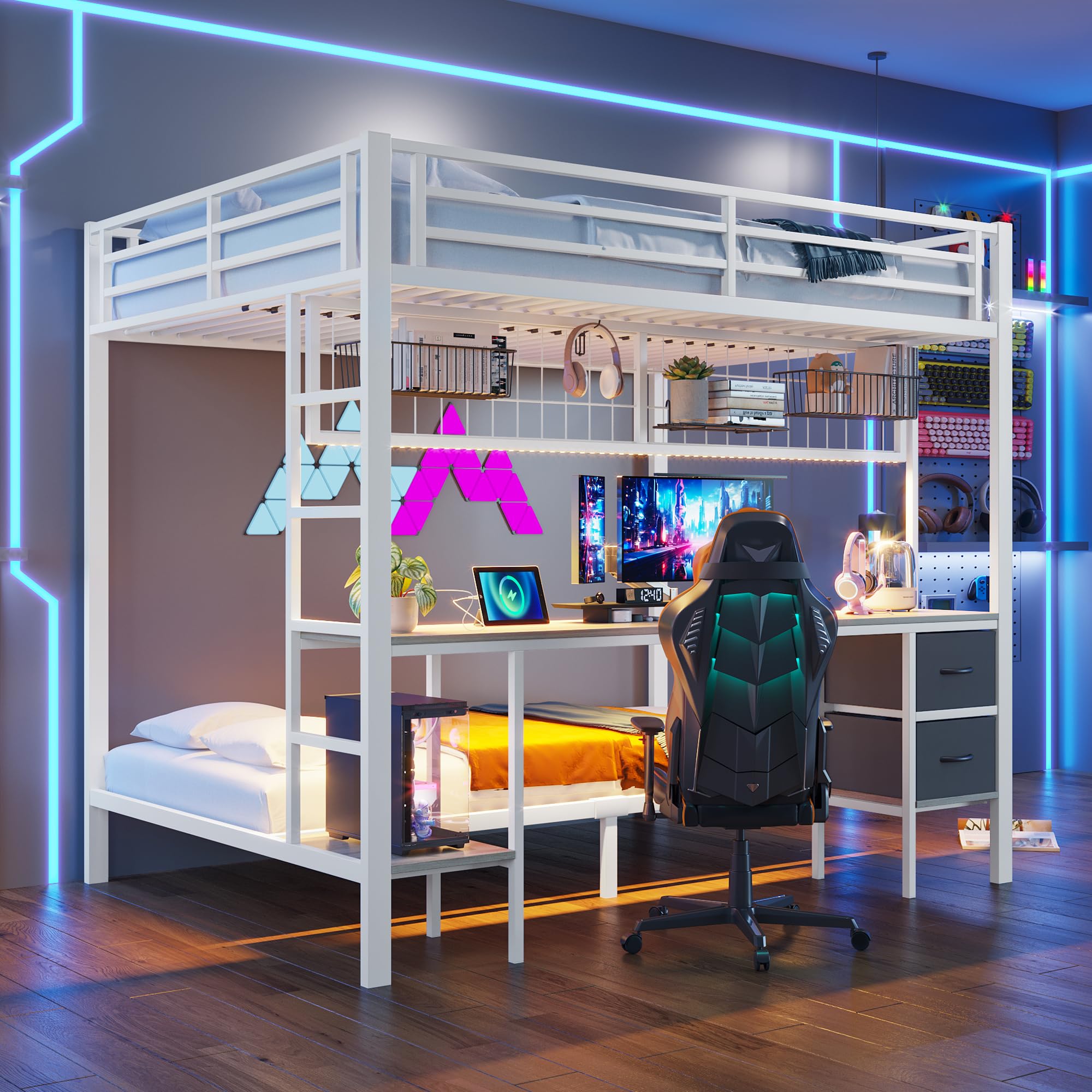 Zepneiy Letto a soppalco 140 x 200 cm, con 7 LED colorati e presa USB, letto a soppalco con scrivania e cassetti, letto per ragazzi con scala e ringhiere, bianco (senza materasso)