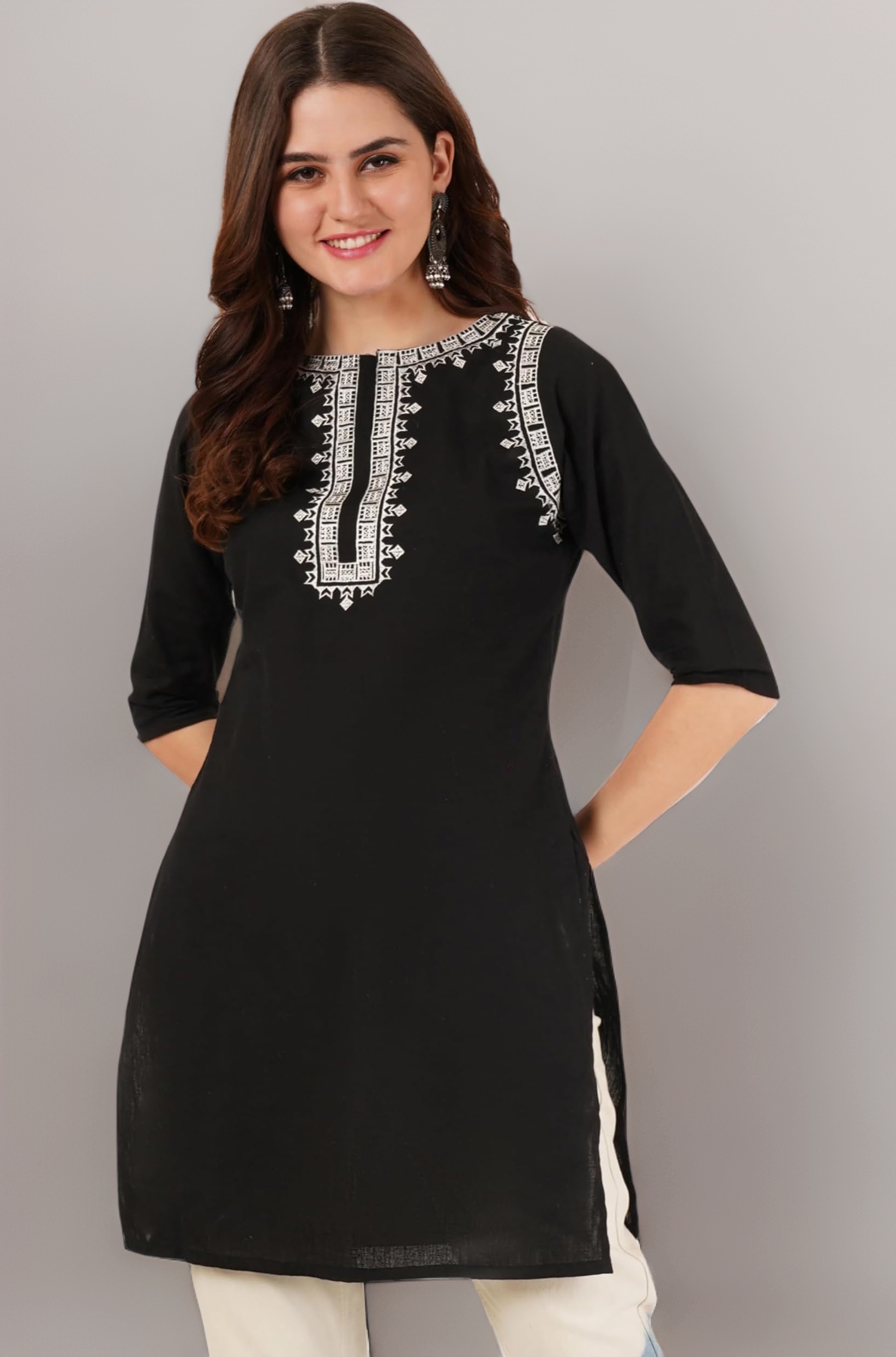 Brownverse Pure Cotton Embroidered Women Short Kurti