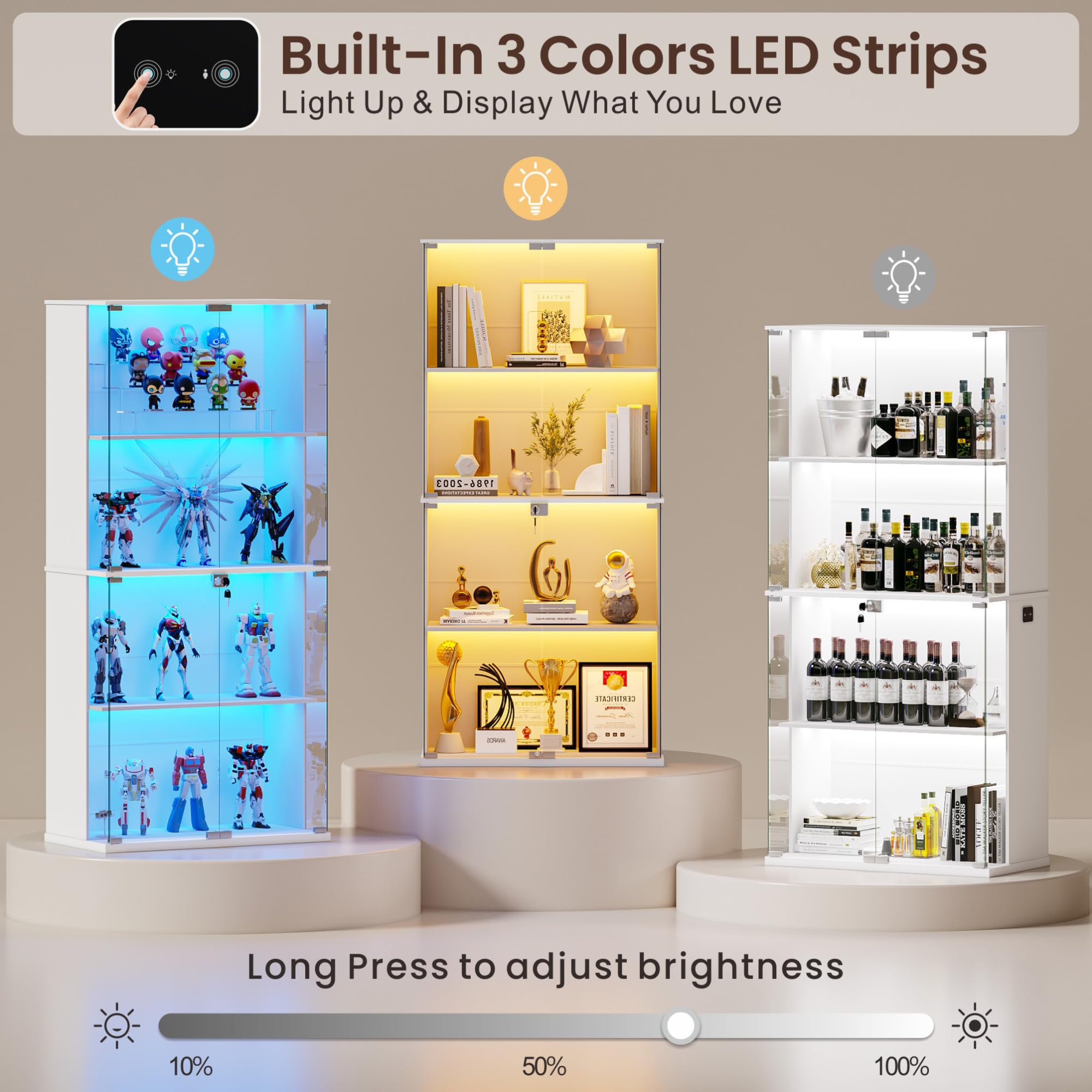Gurexl 168 CM Vetrina in Vetro con LED 3 Couleurs,Vetrine Da Collezione Anta IIn vetro con Serratura,Pavimento Credenza in Vetro con Sensore Intelligente Per Soggiorno,Curio,Collezione,Bianco