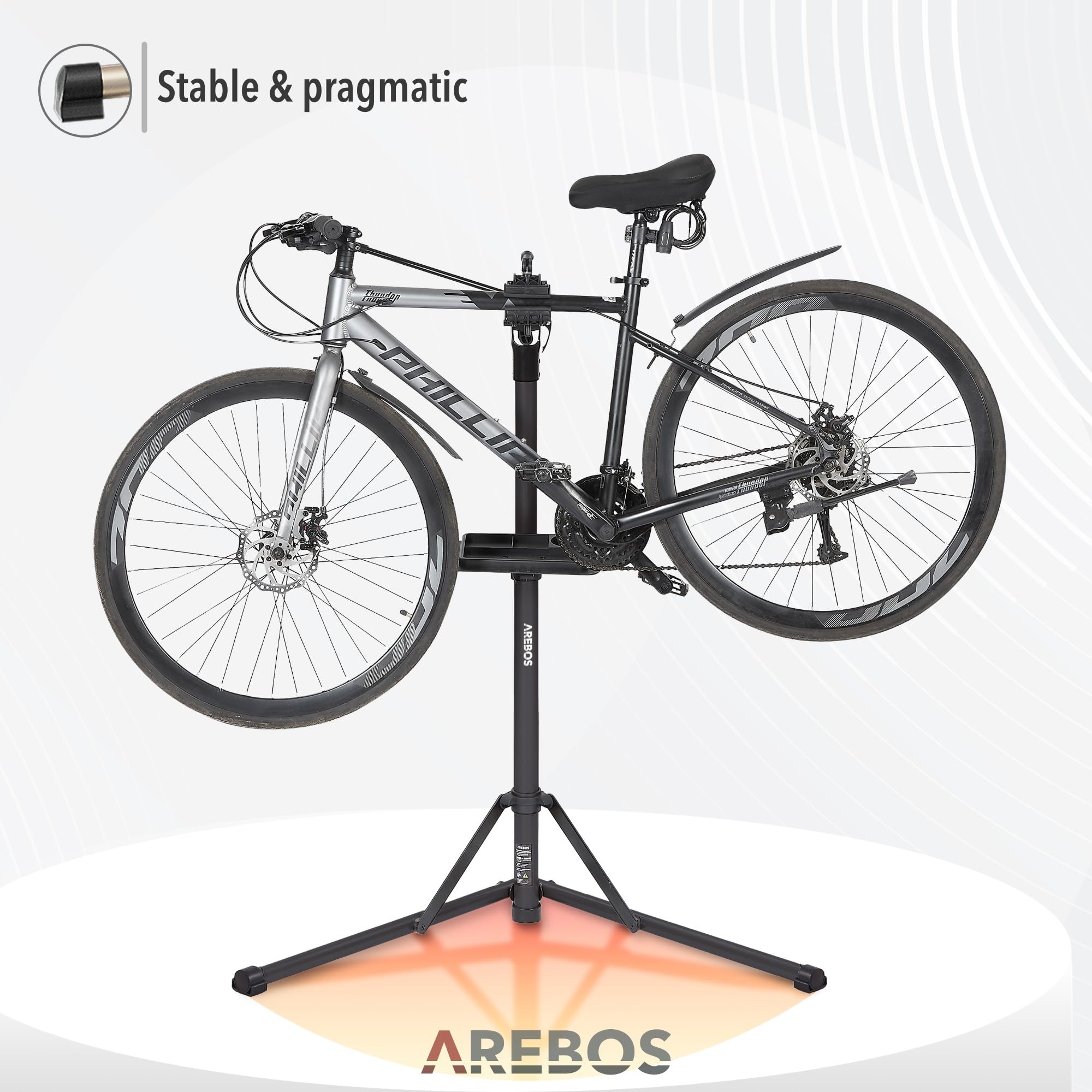 Arebos Stojak montażowy do rowerów z aluminium – profesjonalny stojak naprawczy do elektrycznych, górskich i rowerów, obracany o 360°, z torbą i szybkim zwalnianiem
