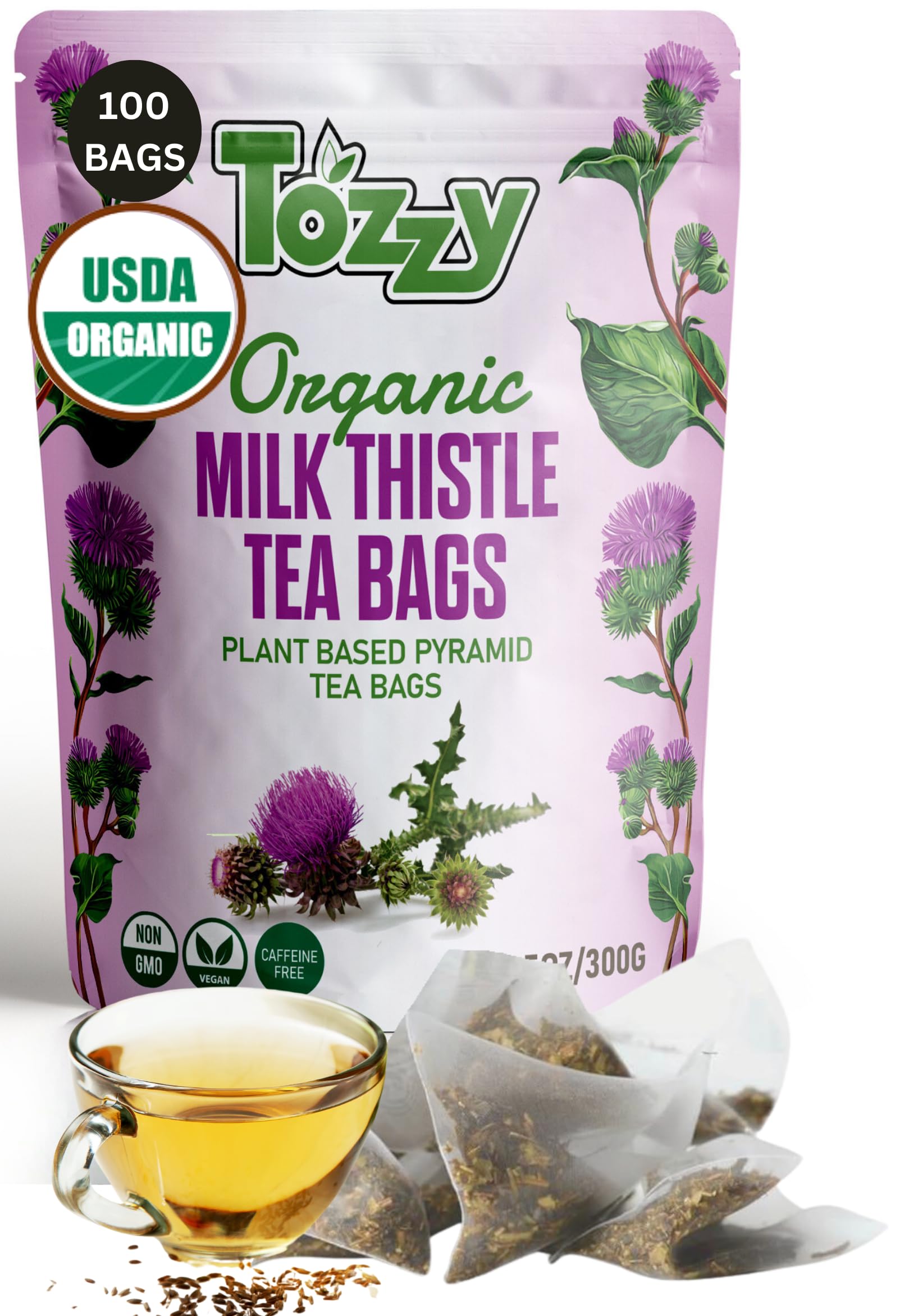 Tozzy Organic Milk Thistle Tea – 100 Count, Plant-Based Pyramid Tea Bags | Supports Liver Health