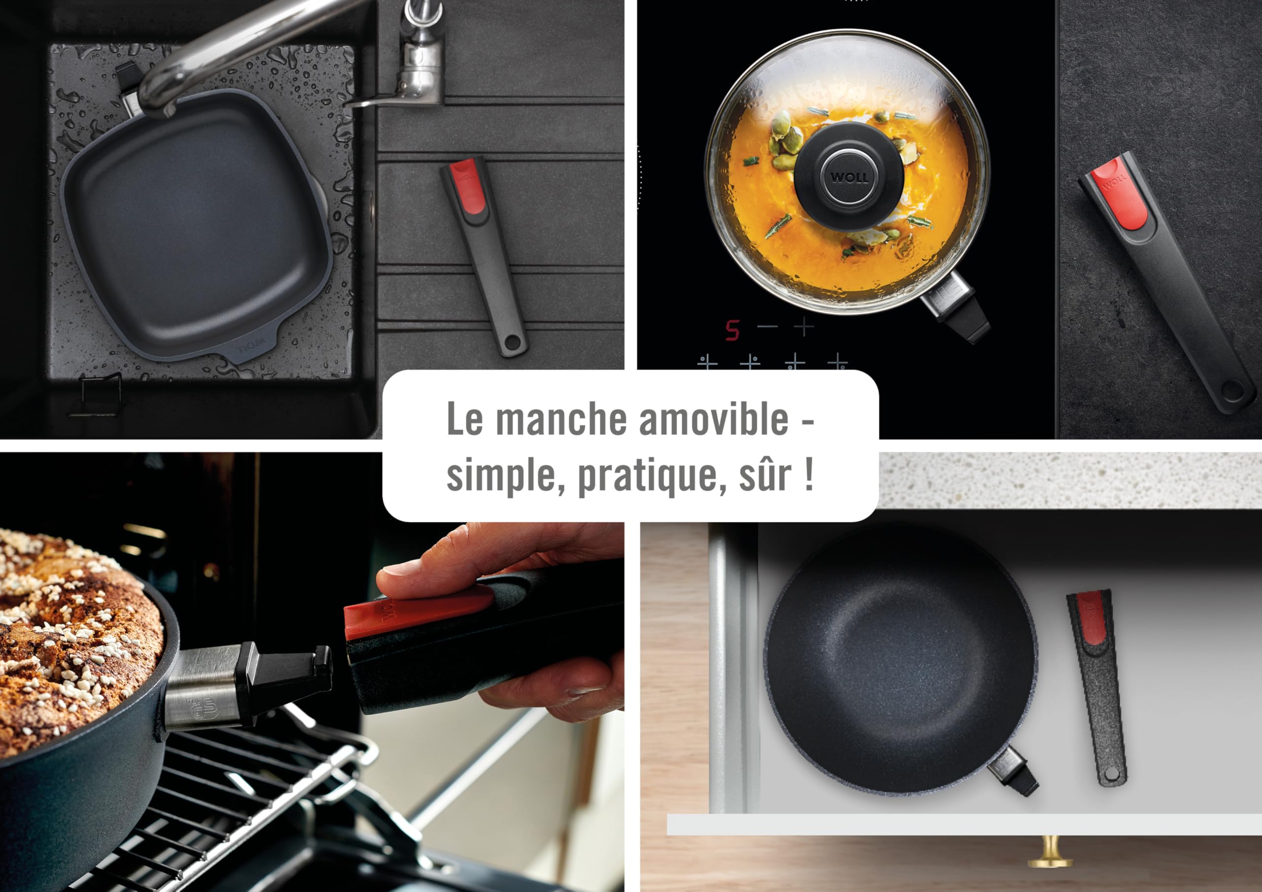 Woll Diamond Lite sauteuse en fonte - Induction -, Ø 28 cm, hauteur 7 cm, avec manche amovible - Convient à tous les types de cuisinières, antiadhésif, fonte d'aluminium