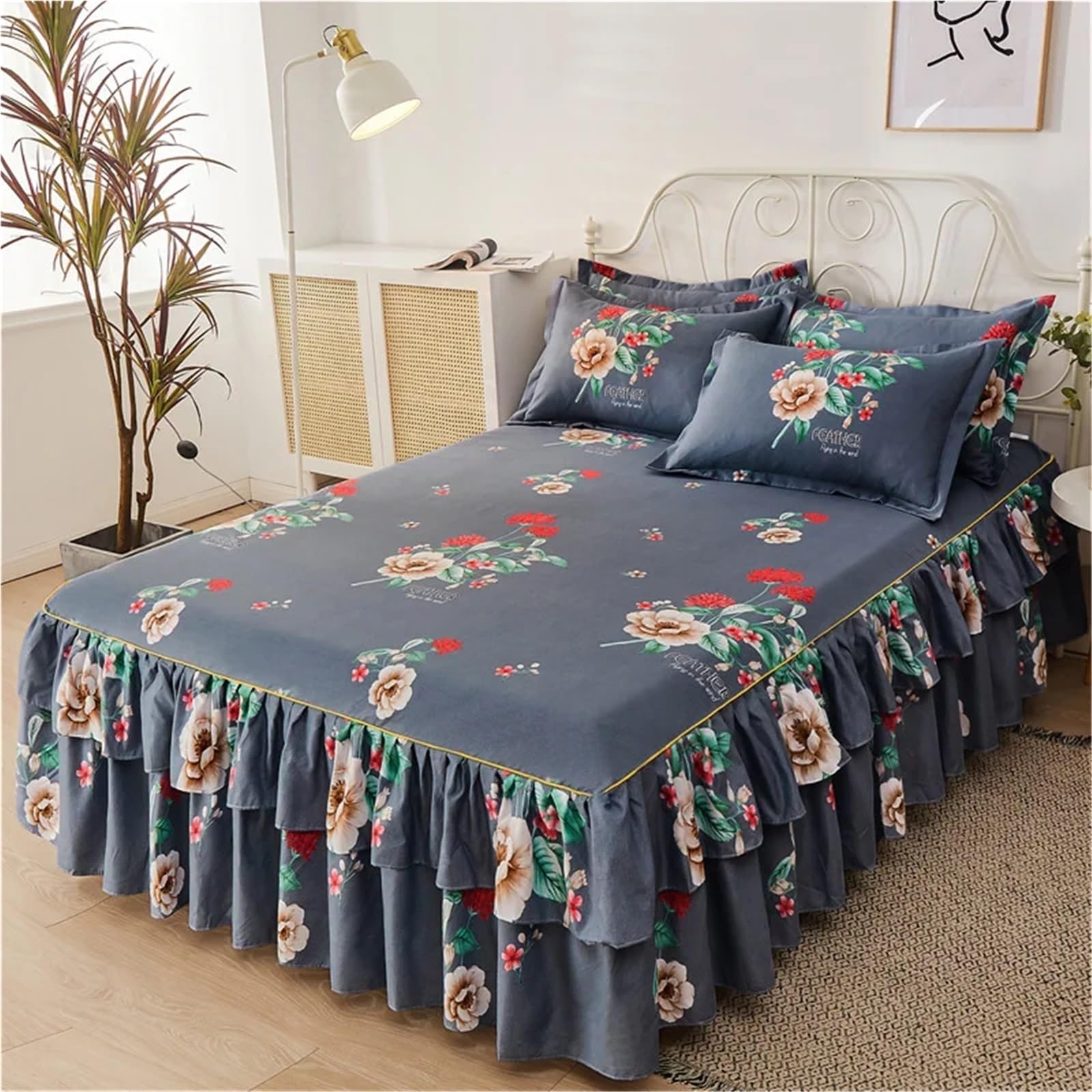 3pcs Bedding Simple Flower Bed Skirt With Pillowcases Wedding Bedspread Bed Sheet Mattress Cover(Color-01,3pcs 180x200cm)