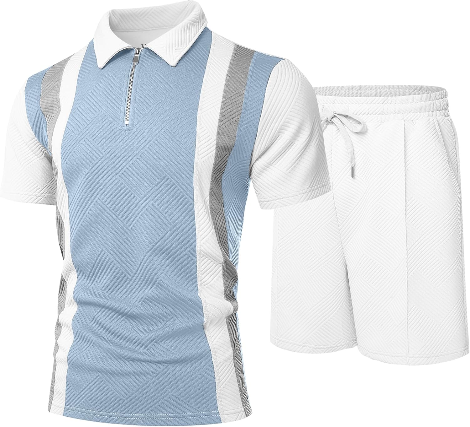 UOUA Mens Summer Track Suits 2 Piece Shorts Sets Short Sleeve Sweatsuit Outfits 1/4 Zip Golf Polo Splicing Striped Shirts
