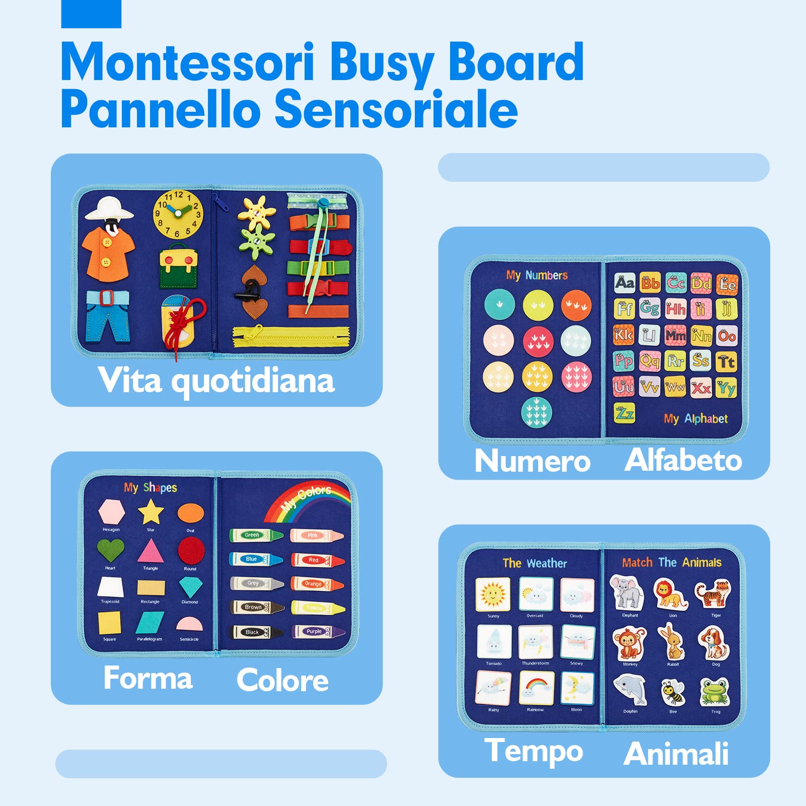 hahaland Montessori Busy Board di Feltro - Pannello Sensoriale Valigetta Interattiva Tavola Libro Didattici - Giochi Educativi per Lo Sviluppo Cognitivo Regalo Bambino 2 3 4 Anni
