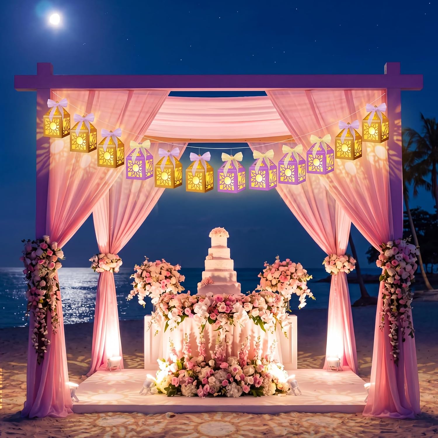 15PCS Princess Party Decorations Gold Purple Sun Lanterns Centerpieces with LED Lights Ribbon for Girls Fairy Birthday Table Decor (Batteries Not Included)