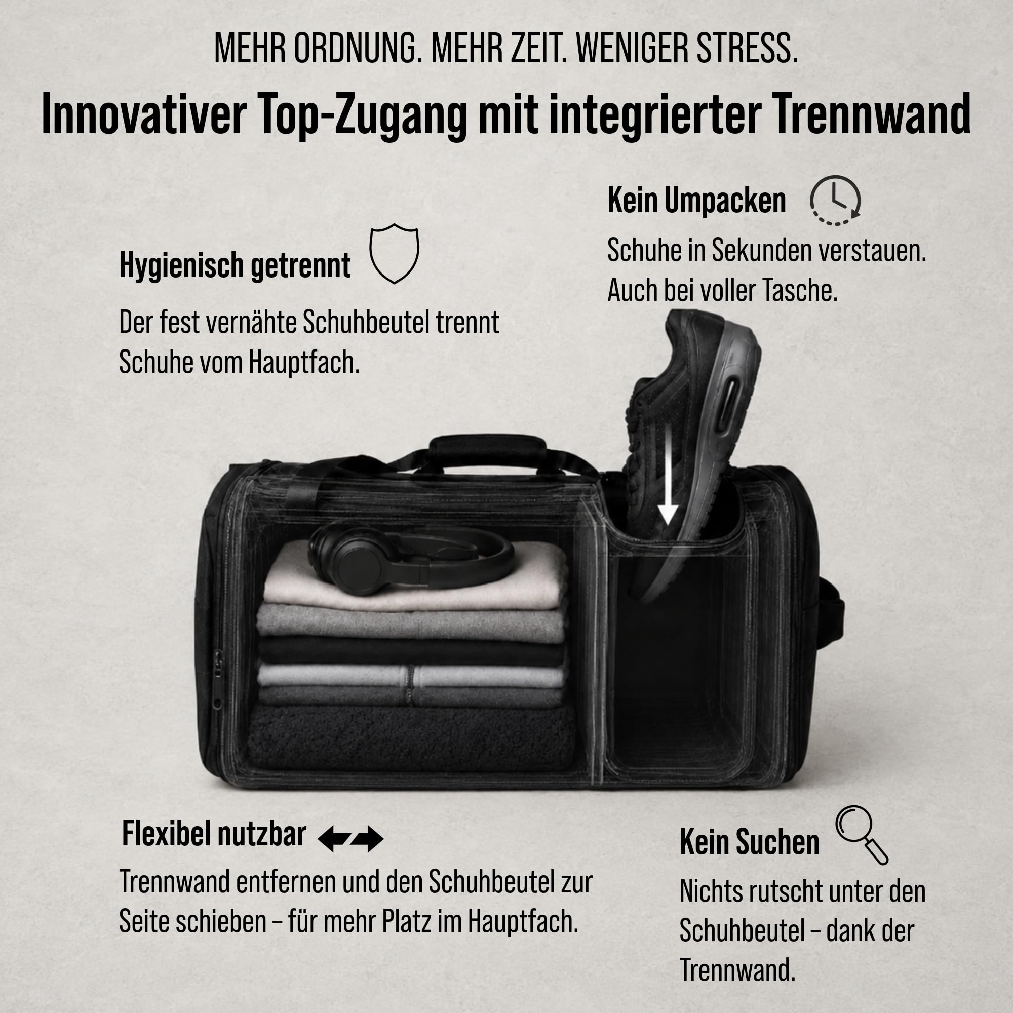 Major Move Sporttasche mit vertikalem Schuhfach, Nassfach, Rucksackfunktion | 41 L Trainingstasche mit Top-Zugang zum Schuhfach, Trennwand, 4 Tragearten, Koffer-Sleeve, formstabil und wasserabweisend