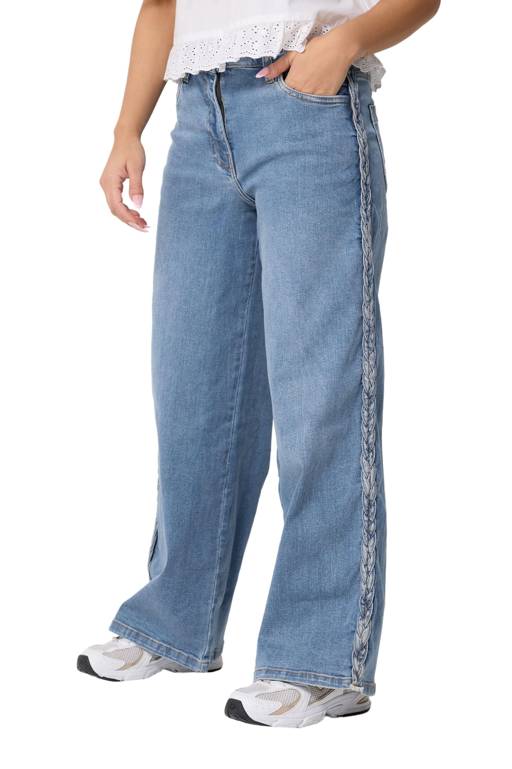 Pixiegirl Women's Mid Blue Petite Plait Detail Wide Leg Jeans In | Size: 16S