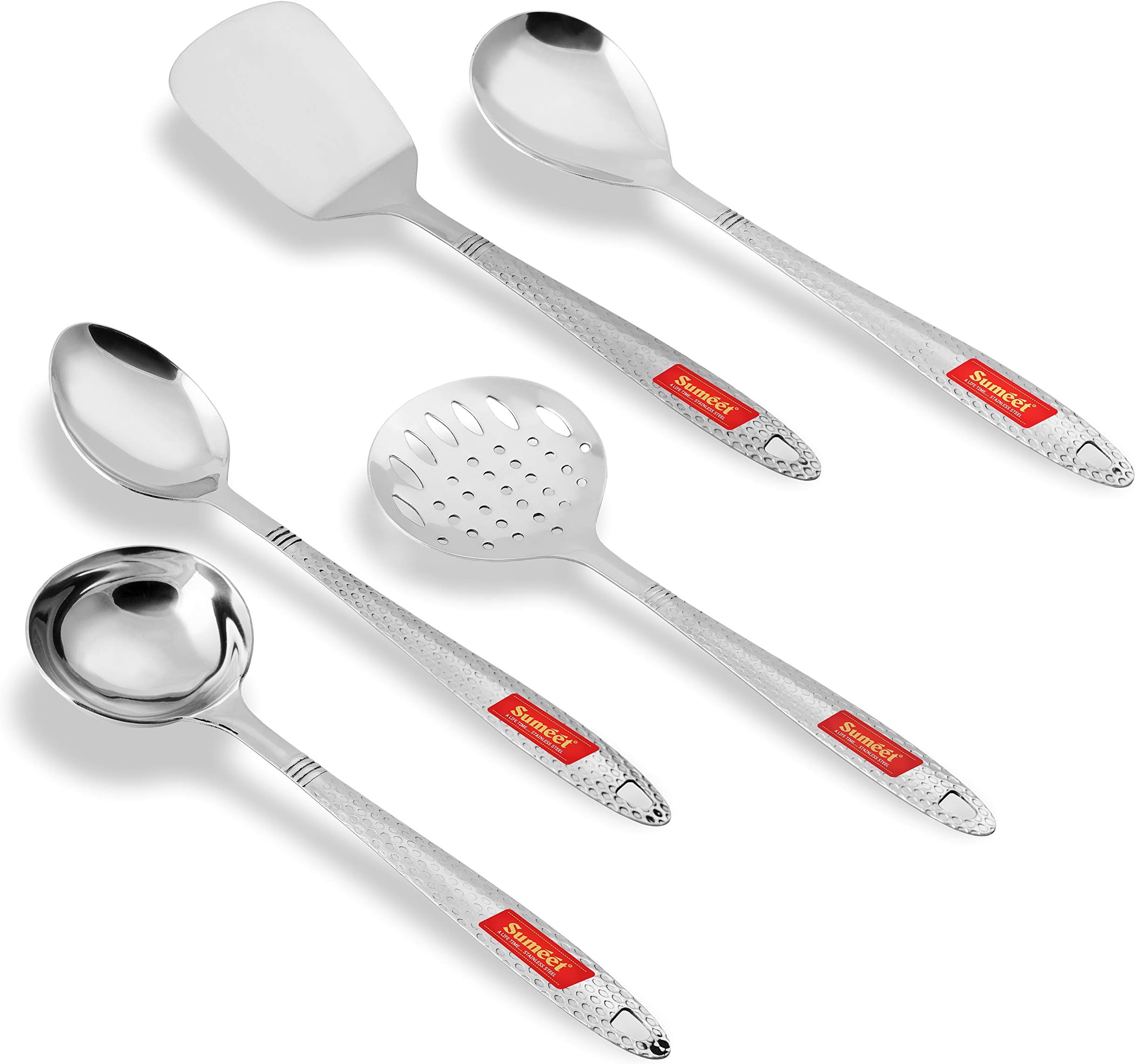 Sumeet Stainless Steel Big Serving and Cooking Spoon Set of 5pc (1 Turner, 1 ...