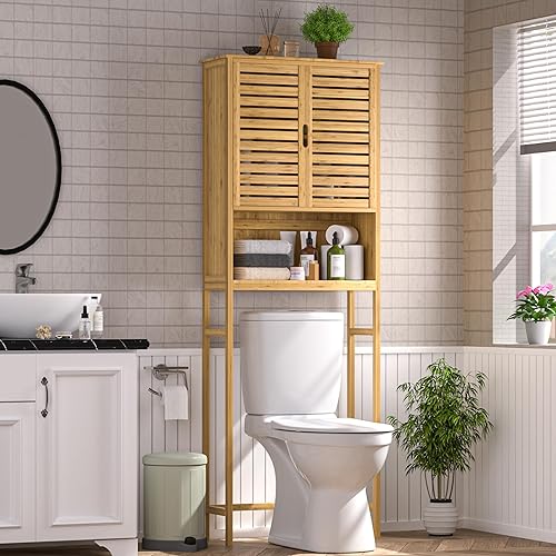 MUPATER Bamboo 67" Storage Cabinet Bathroom Organizer with Shelf and Cupboard, Freestanding Small Over The Toliet Cabinet, Space Save, Natural