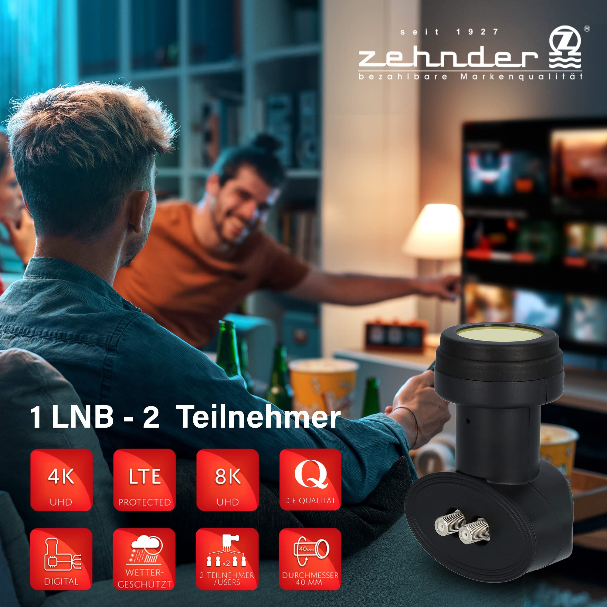 ZEHNDER Twin LNB con blindaje LTE y protección solar UV, 2 niveles 4K LNB para 2 participantes, receptor de satélite HD LNC para antena parabólica