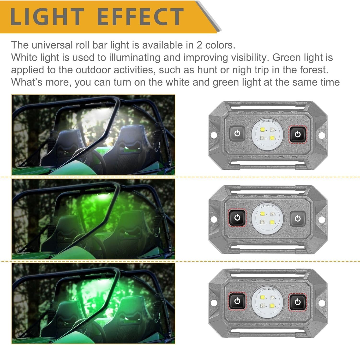 UTV Interior Dome Lights 12V Wired, Rfroad Lighting Universal Roll Bar Mount LED Lights Roll Cage Map Light Interior Lights for UTV ATV Golf Cart Trucks Bed RZR Polaris Off-Road - White/Green 2 Packs