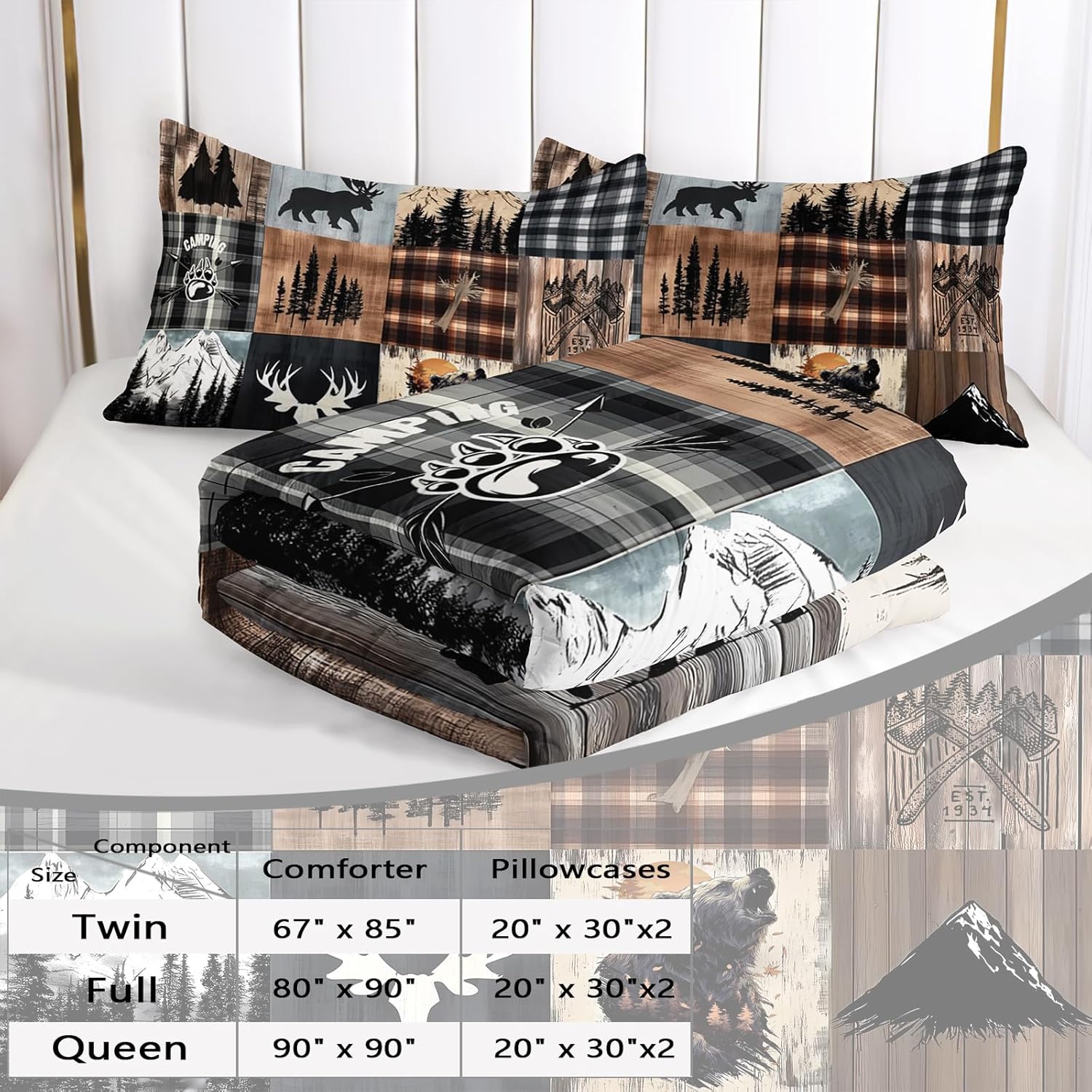 AILONEN Deer Hunting Comforter Set Queen Size,Rustic Bear Wildlife Bedding with 2 Pillowcases,Deer Silhouette Design 3Pcs