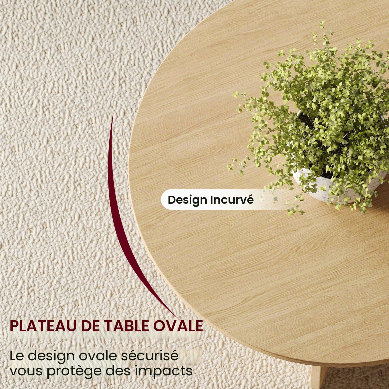 YOUDENOVA Table basse ovale en bois moderne avec rangement pour salon Coffee Table Petit meuble pour salon Chêne naturel 120 x 60 x 40 cm