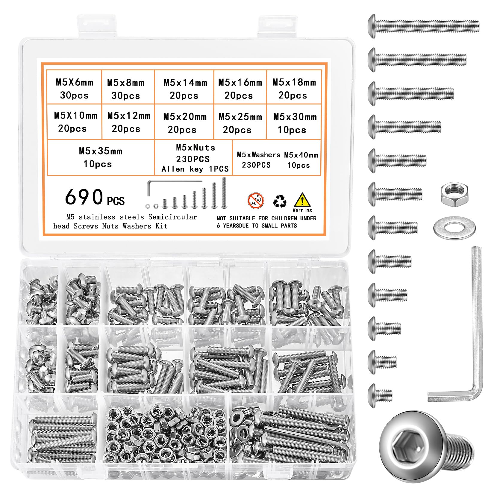 690 Pcs M5 Nuts and Bolts Assortment Kit, Pan Head Machine Screws and Nuts, Stainless Steel Hex Button Head Socket Cap Screws Bolts and Washers,