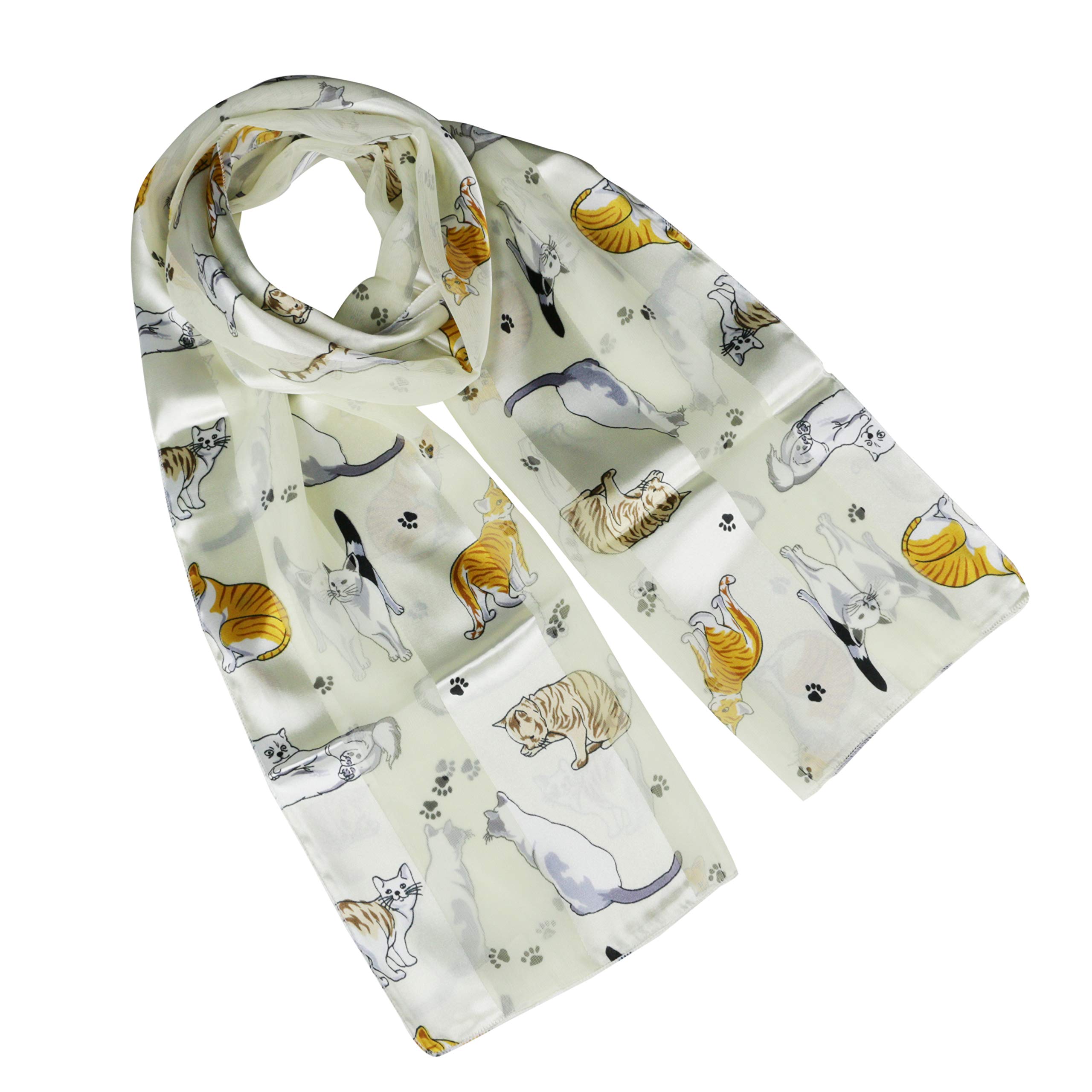 [UK SELLER] Multi Cats Breeds Print Lightweight Scarf Stripe Satin & Chiffon Look London Souvenir Gift - Soft, Fashion Accessories (CREAM)
