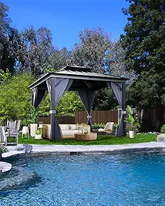 Hardtop Gazebo 10'x10' for All Weather, with Double Metal Roof, Aluminum Alloy Frame, Net, and Curtain, Permanent Building for Patio, Deck, Backyard, Lawn, and Garden, Gray