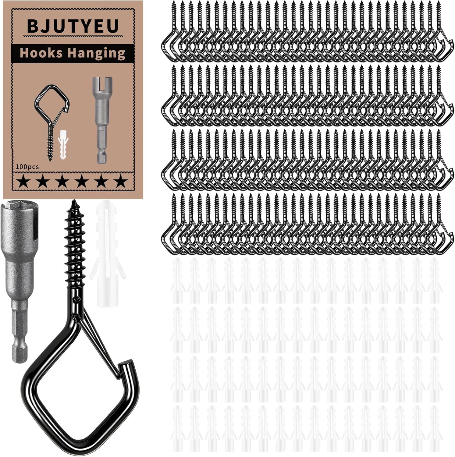 2.36IN Screw Hooks for Hanging Plants, Outdoor String Lights, Bird Feeders, Lanterns – Heavy-Duty Ceiling Hooks with Safety Buckle, Rustproof Metal for Indoor & Outdoor Use 100Pcs Black