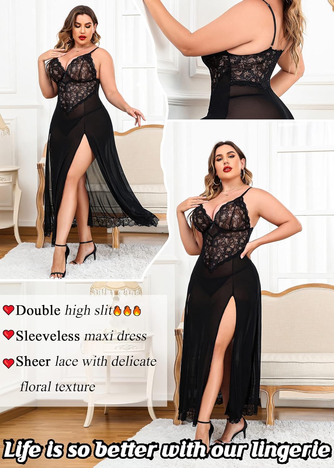 Avidlove Plus Size Lingerie for Women Sexy Lace Babydoll Long Lingerie Dress Side Split Nightgown - Image 3