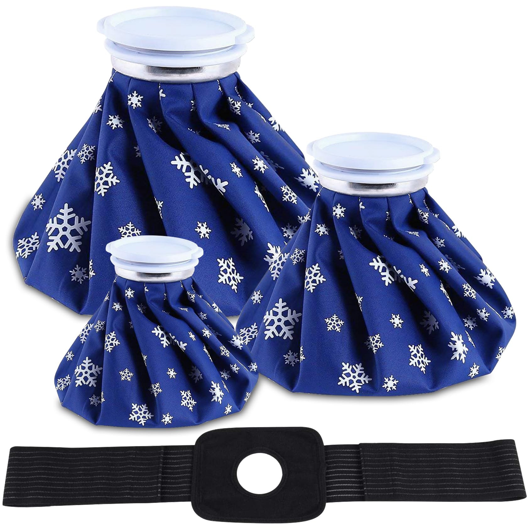 3 Pack Ice Bag Packs, 6"/9"/11" Sizes Cold Packs with Elastic Breathable Support Wrap, Reusable Hot & Cold Pack Bag Therapy for Knee Leg Injury and Pain Relief (Deep Blue Snowflake)
