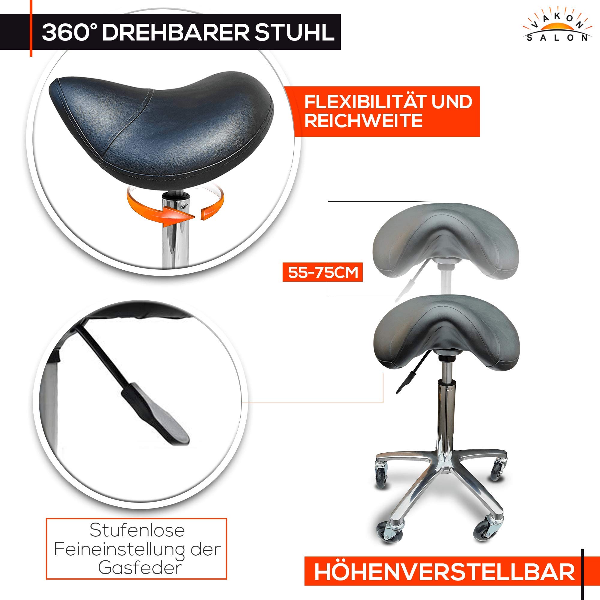 Sattelsitz Rollhocker höhenverstellbar von 55-75 cm auf Premiumrollen, Drehhocker, Rollhocker, Praxishocker, Bürohocker, Sattelhocker