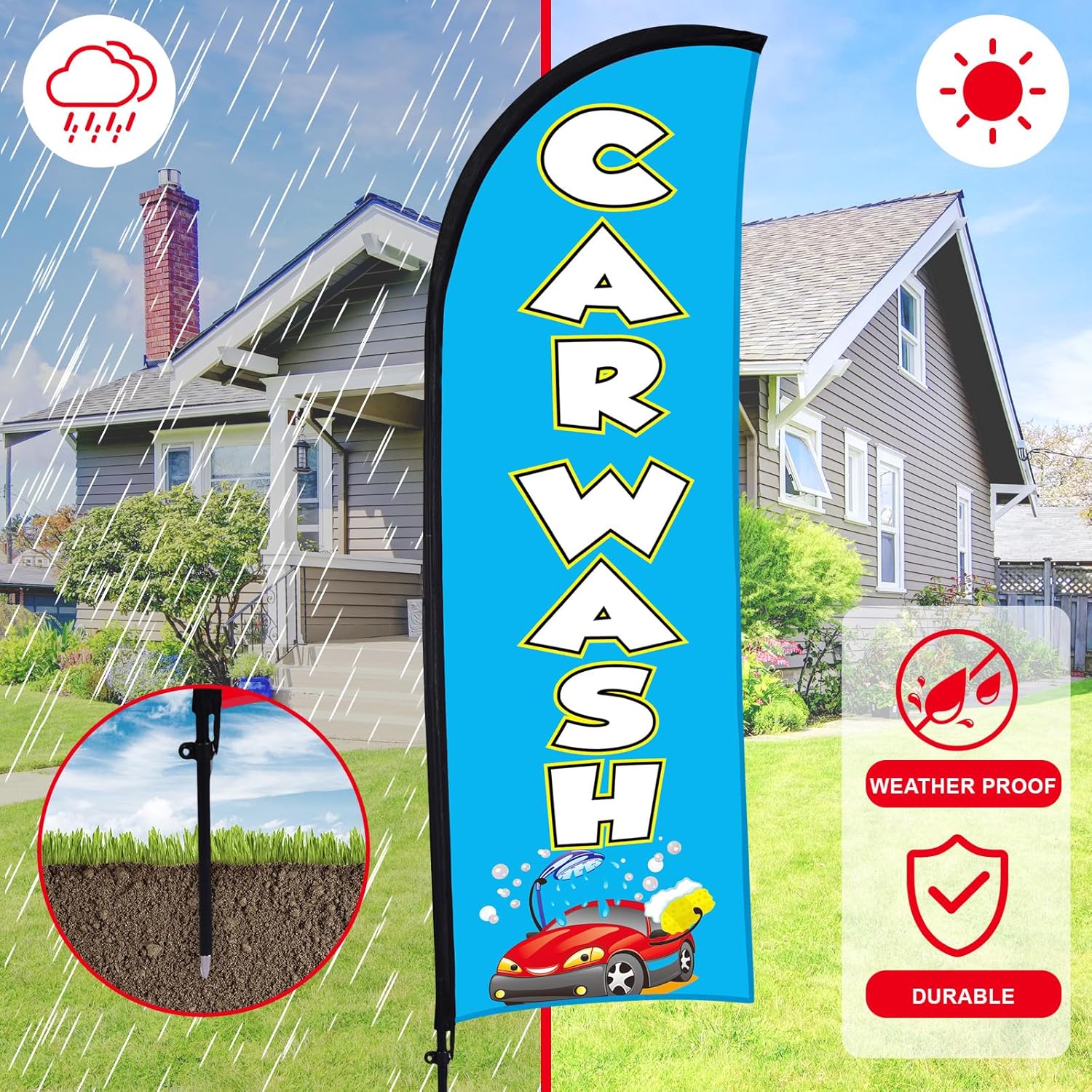 Buryeah 3 Sets Car Wash Sign Feather Flag Banner for Business Advertising 7 ft Open Car Wash Feather Flag Sign with Flagpole Ground Stake Portable Bag Carwash Signs Banner Set for Outdoor Ground(Blue)