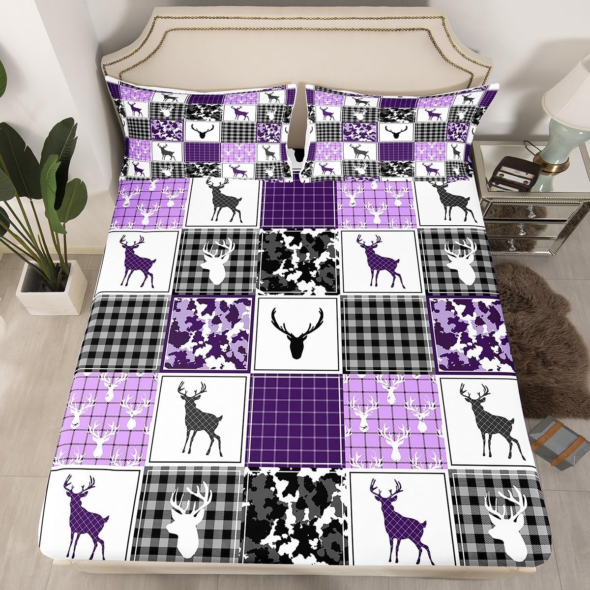 Deer Fitted Sheet Queen, Patchwork Camo Bed Sheets for Women, Antlers Geometric Checked Rustic Cabin Buffalo Plaid Sheets, Wildlife Moose Elk Room Decor Purple Grey Bedding Set