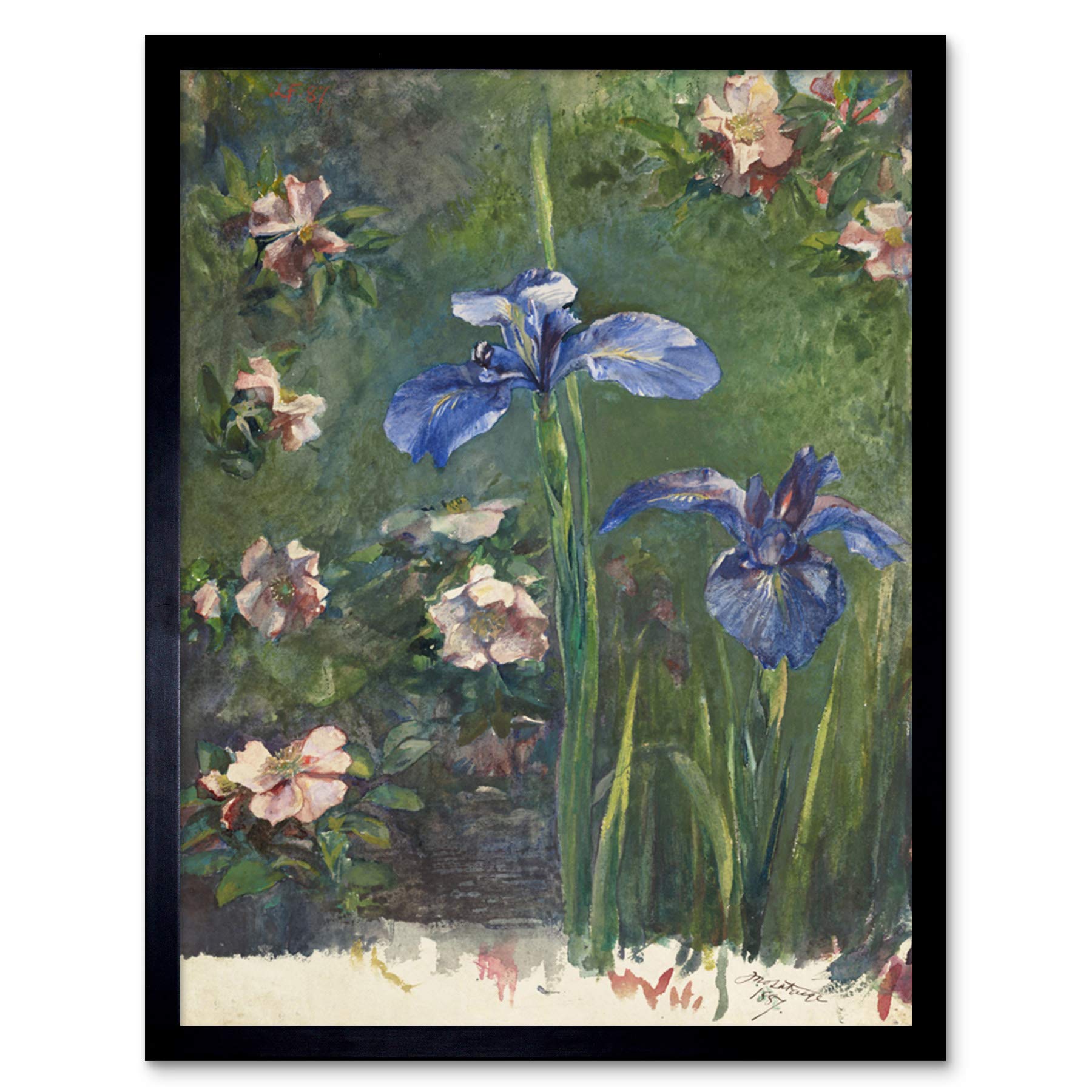 Artery8 La Farge Wild Roses And Irises Painting Art Print Framed Poster Wall Decor 12x16 inch