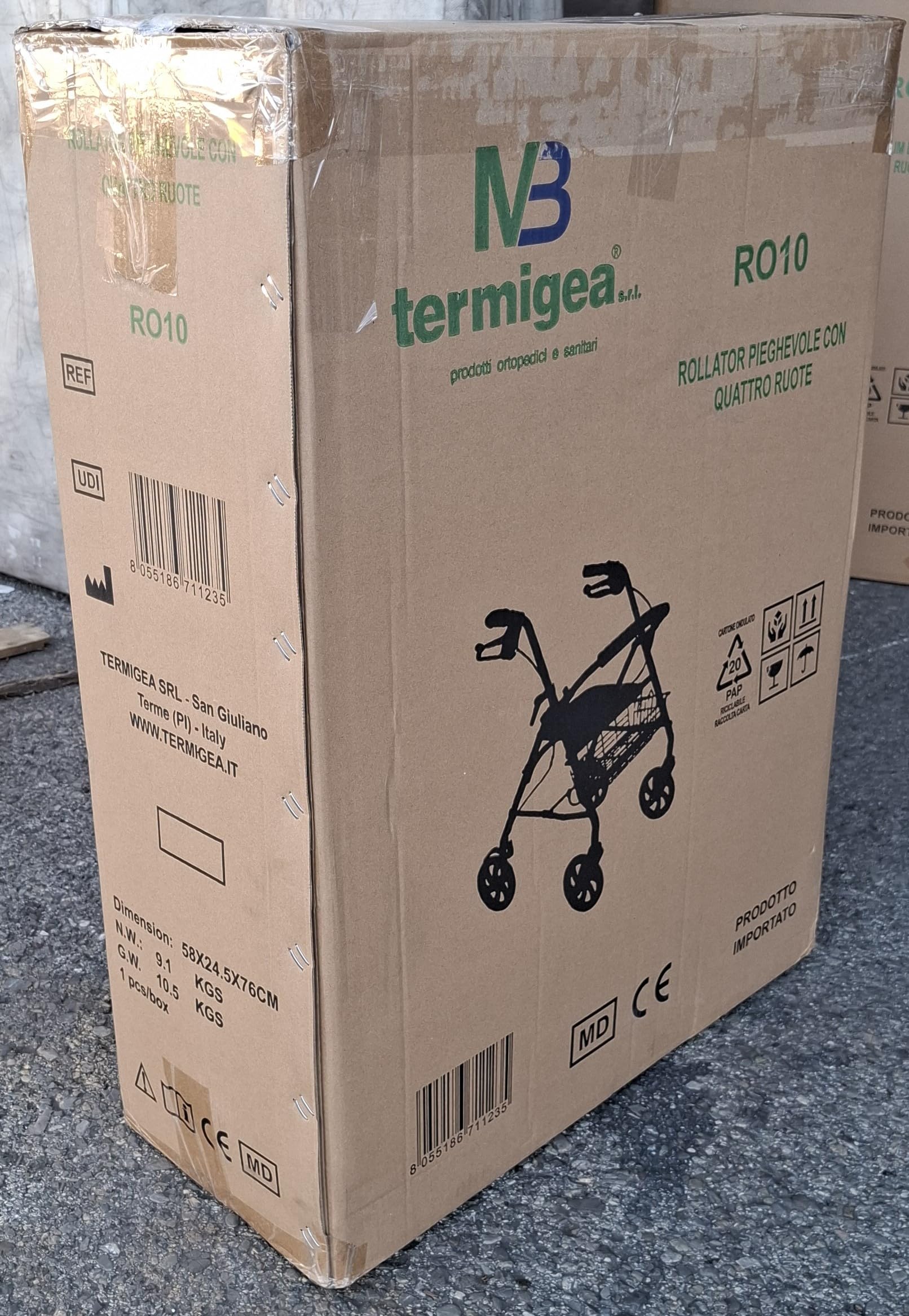 TERMIGEA RO10 - Deambulatore per Anziani con Seduta Pieghevole, Carrello per Anziani per Camminare in Acciaio (Portata 130KG) Sedile e Schienale Imbottito, Freni di Stazionamento, Altezza Regolabile