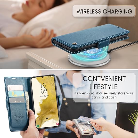 Samsung Galaxy S22 Plus用ウォレットケース カードホルダー付き キックスタンド RFIDブロック マグネット開閉 耐衝撃 保護PUレザーカバー Samsung S22 Plus用 フリップケースウォレット - ブルー